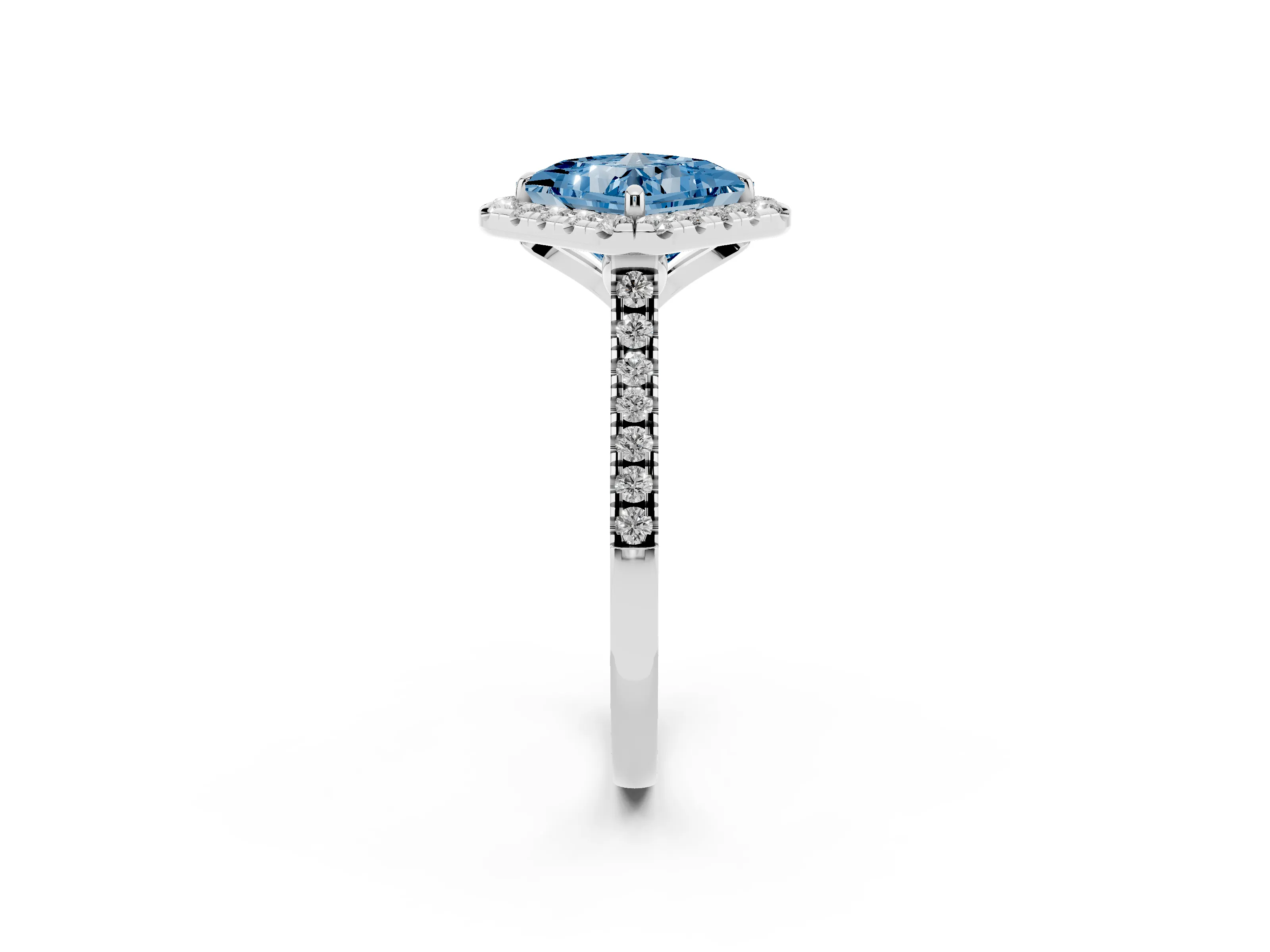 Fancy Blue Princess Cut Diamond Cushion Halo Ring Set in Silver with Pavé Band