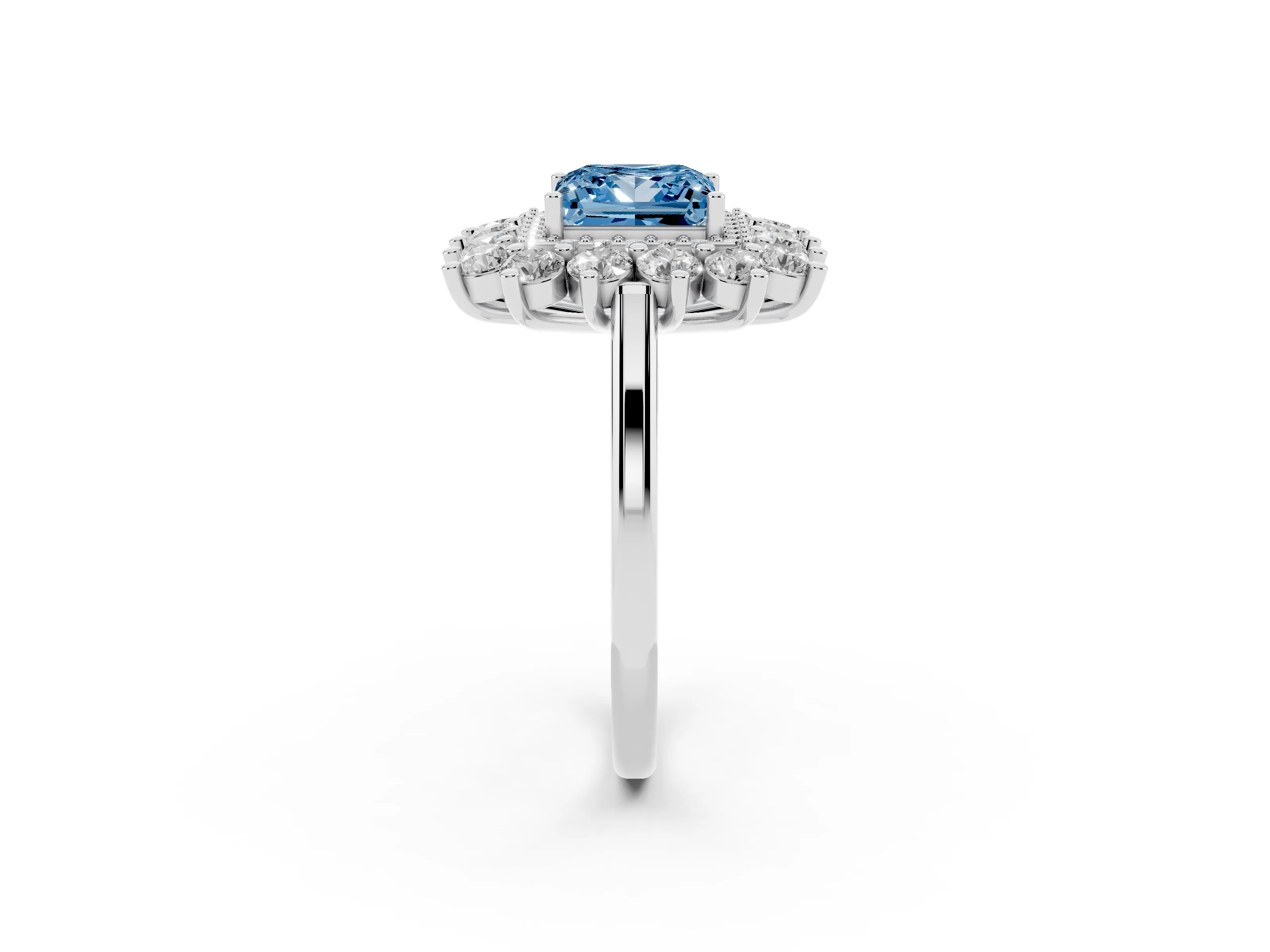 Fancy Blue Princess Cut Diamond Floral Double Halo Ring Set in Platinum with Round Petals