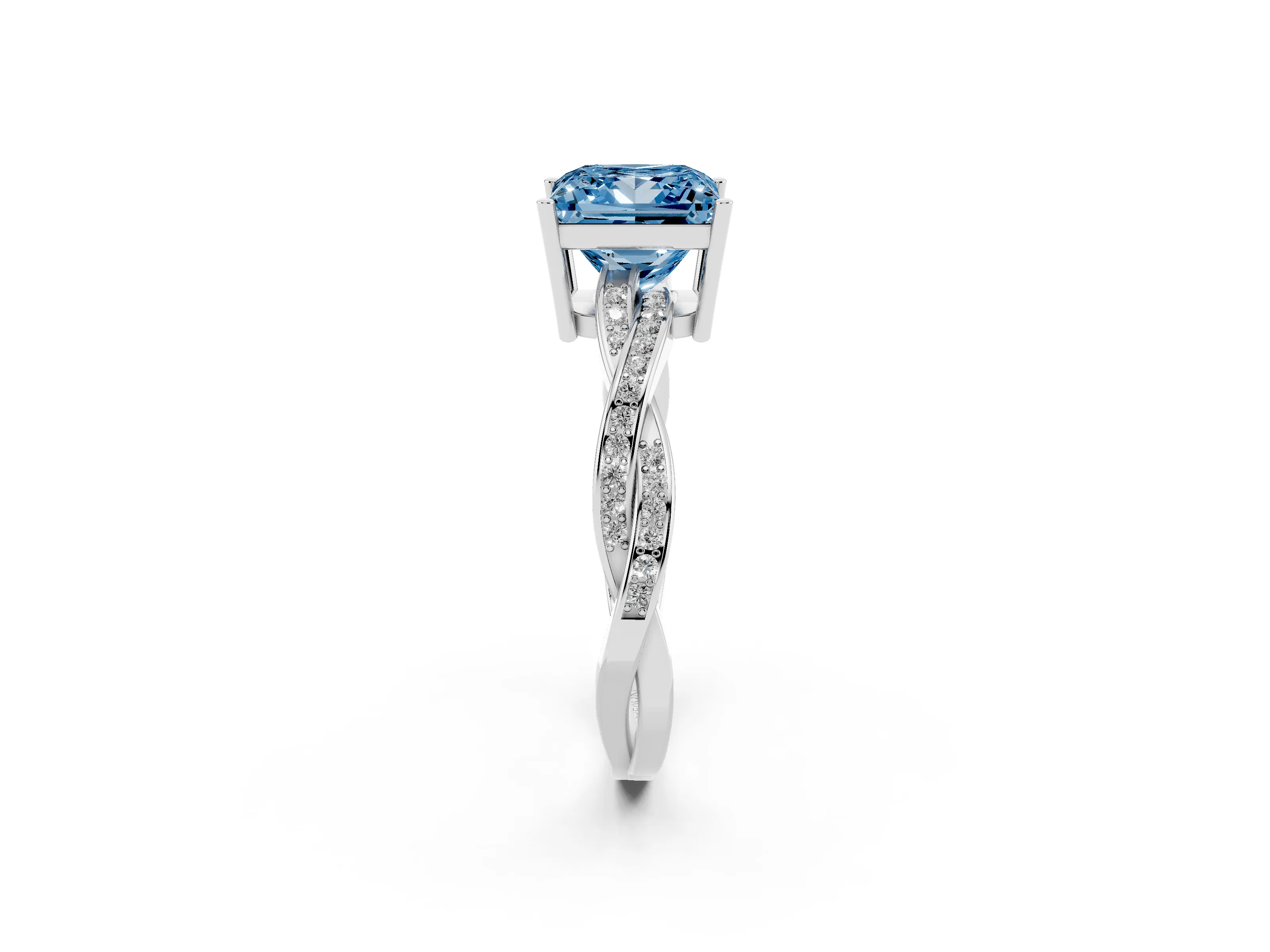 Fancy Blue Princess Cut Diamond Solitaire Twisted Pavé Ring Set in Silver with Prong Setting