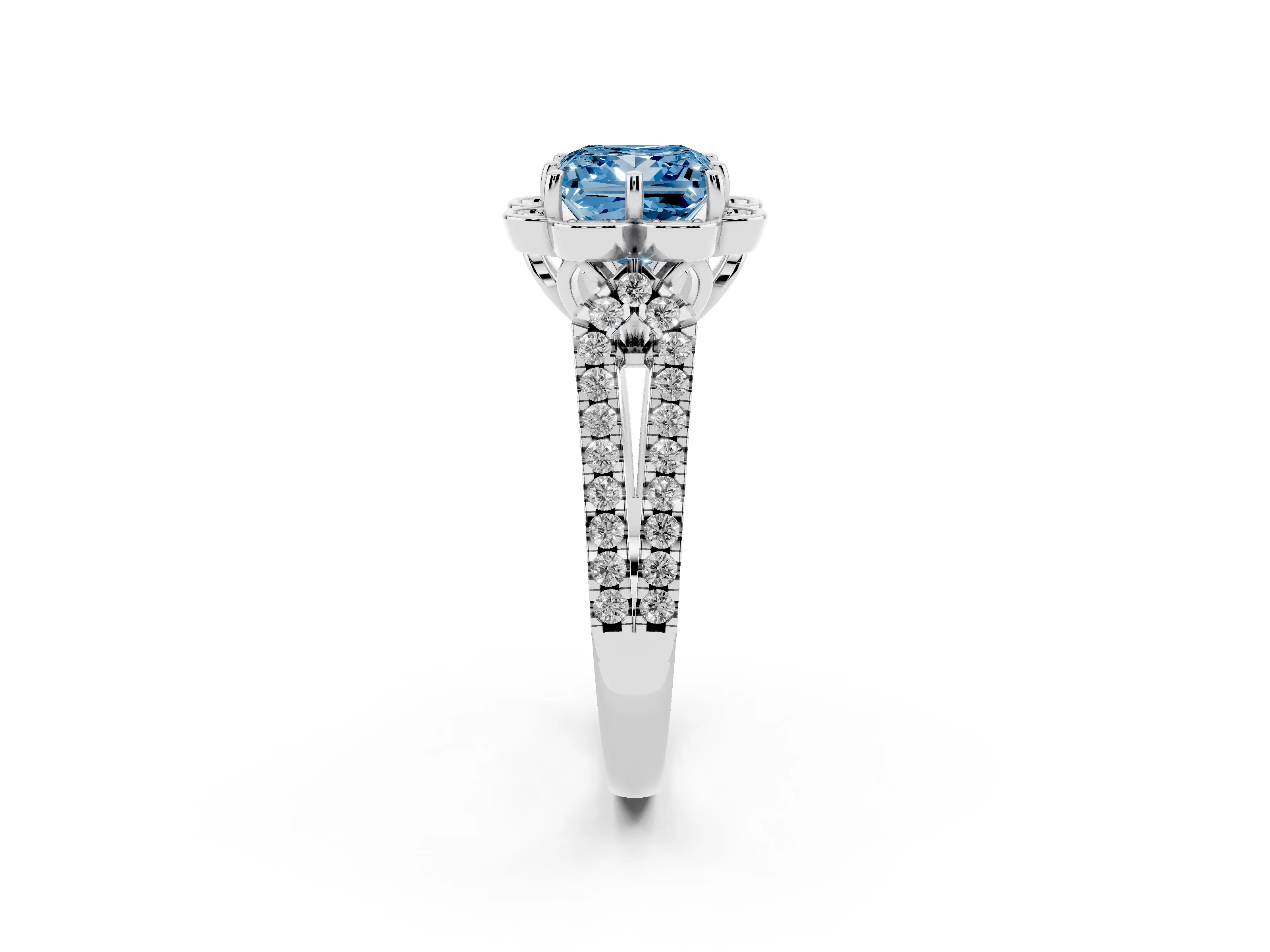 Fancy Blue Princess Cut Diamond Floral Halo Split Shank Engagement Ring Set in Platinum with Pavé Shank