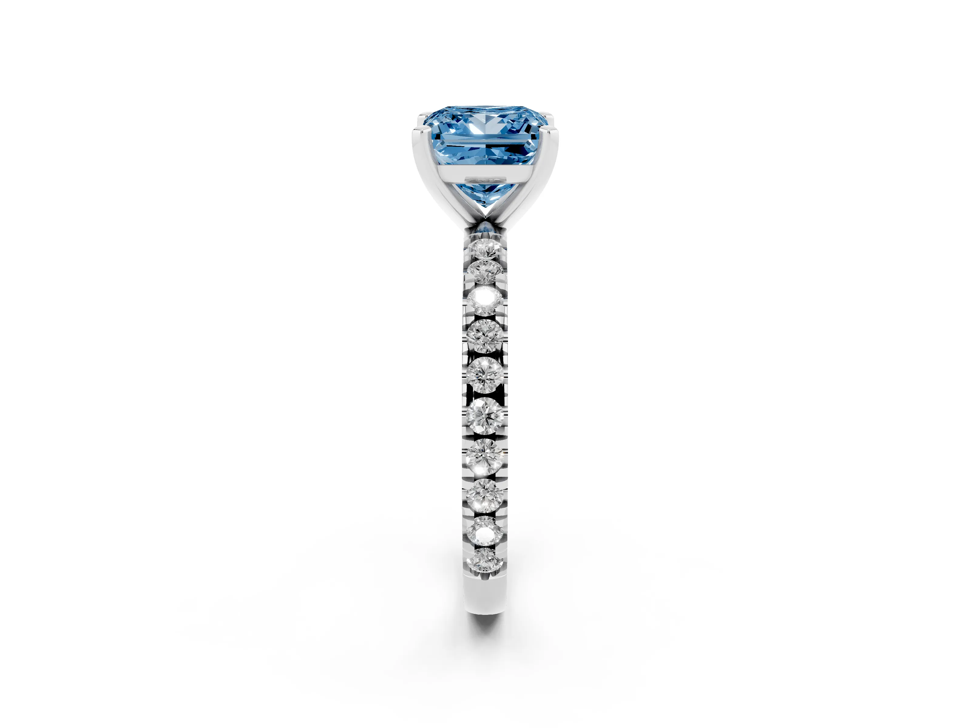 Fancy Blue Princess Cut Diamond Pavé Band Solitaire Set in Silver with Prong Setting