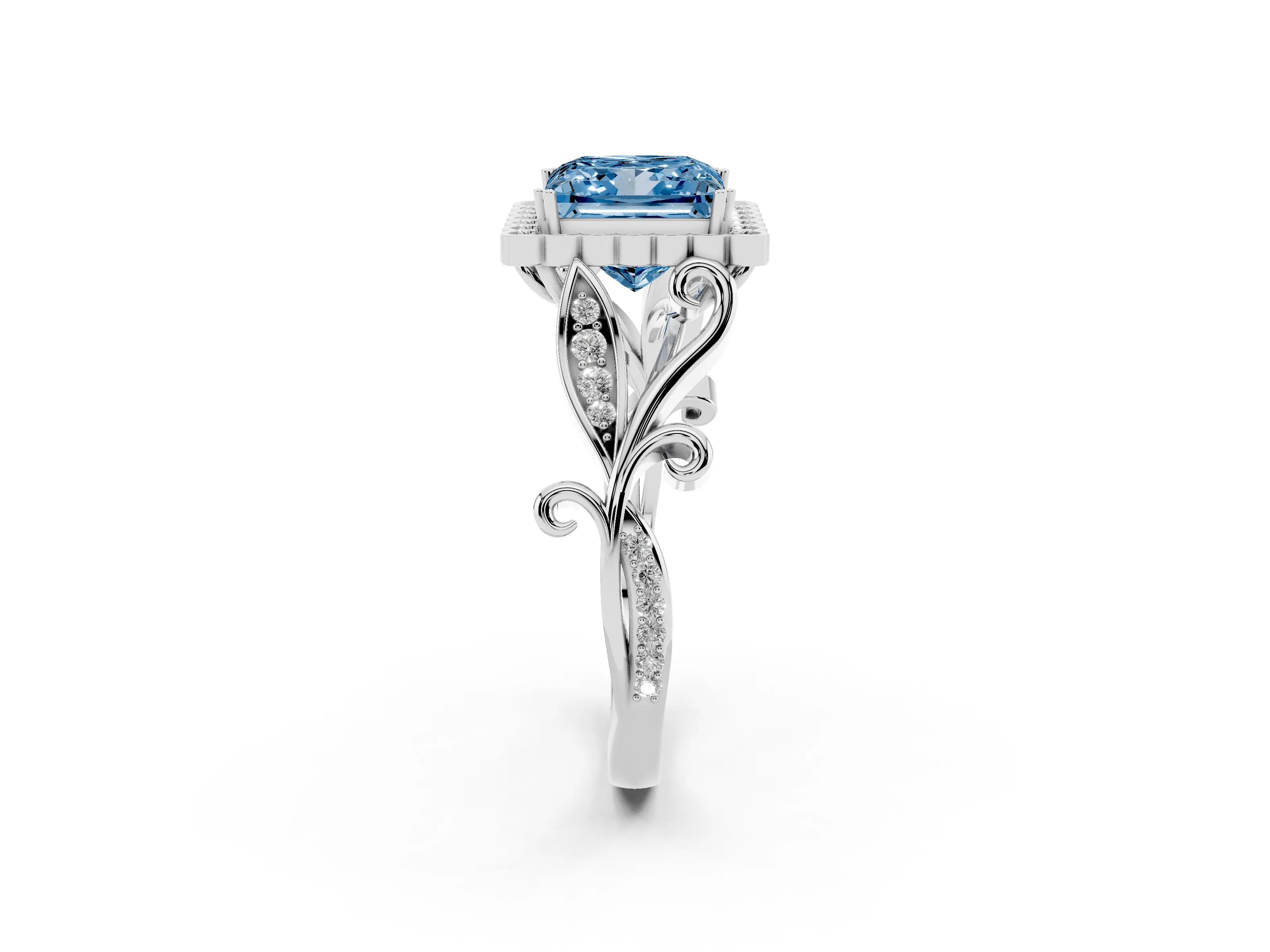 Fancy Blue Princess Cut Diamond Halo Ring Set in White gold with Leaf Motif Split Shank and Prong Setting