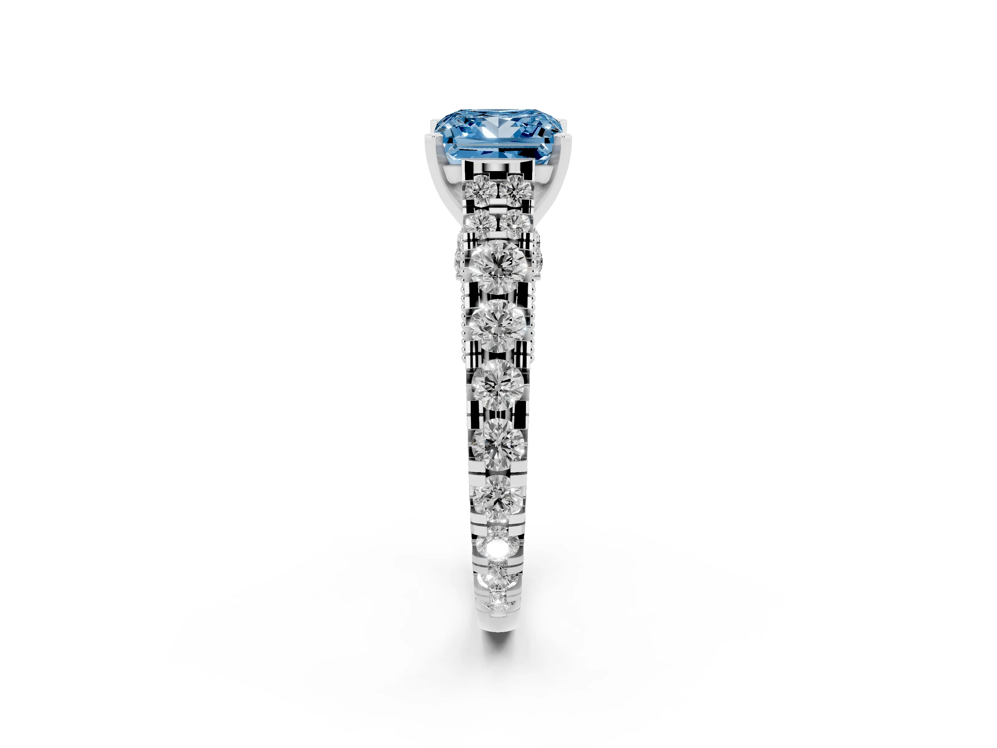 Fancy Blue Princess Cut Diamond Classic Solitaire Ring Set in White gold with Pavé Band and Prong Setting