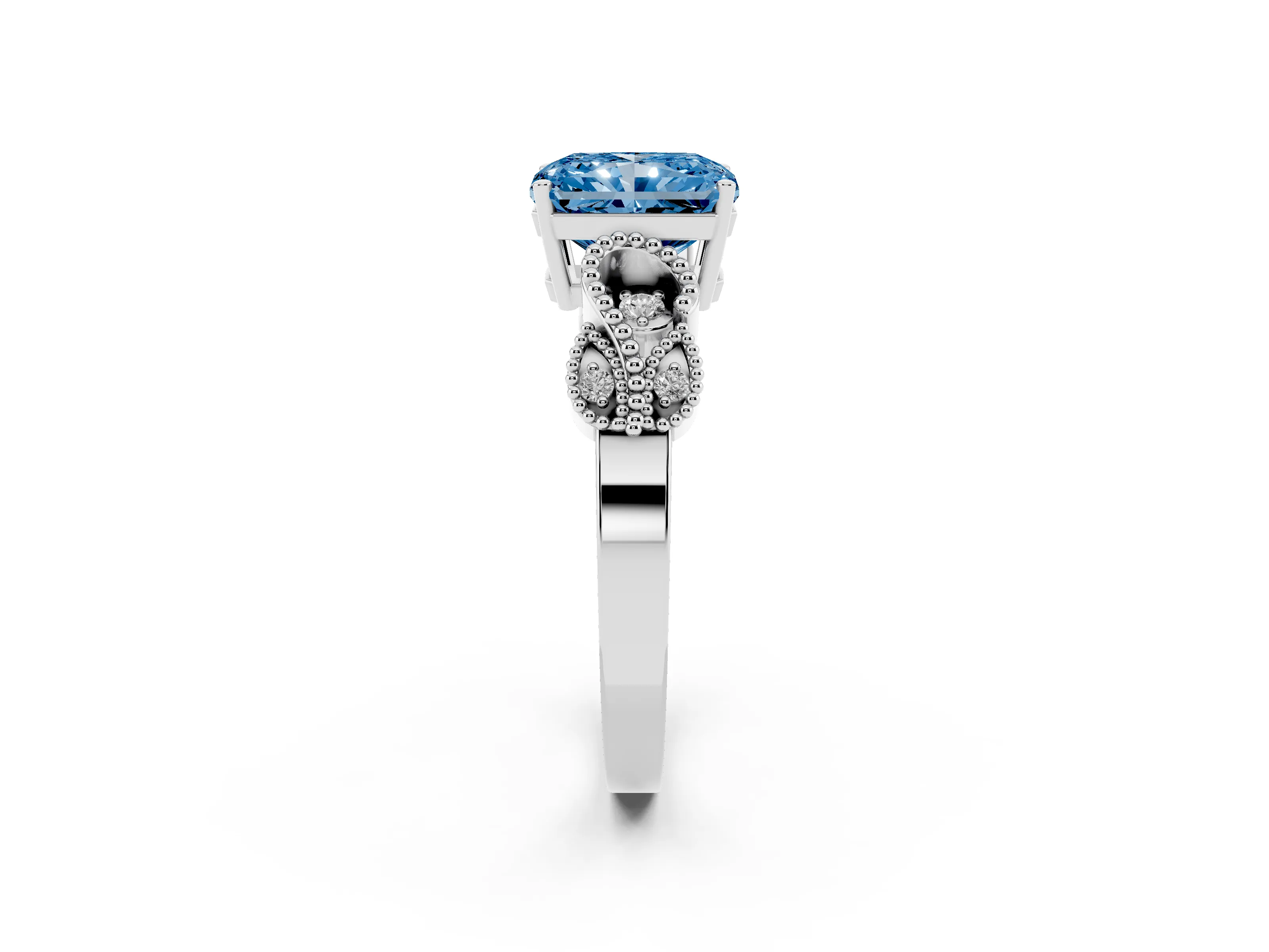 Fancy Blue Princess Cut Diamond Milgrain Leaf Band Solitaire Ring Set in Platinum with Accent Stones and Prong Setting