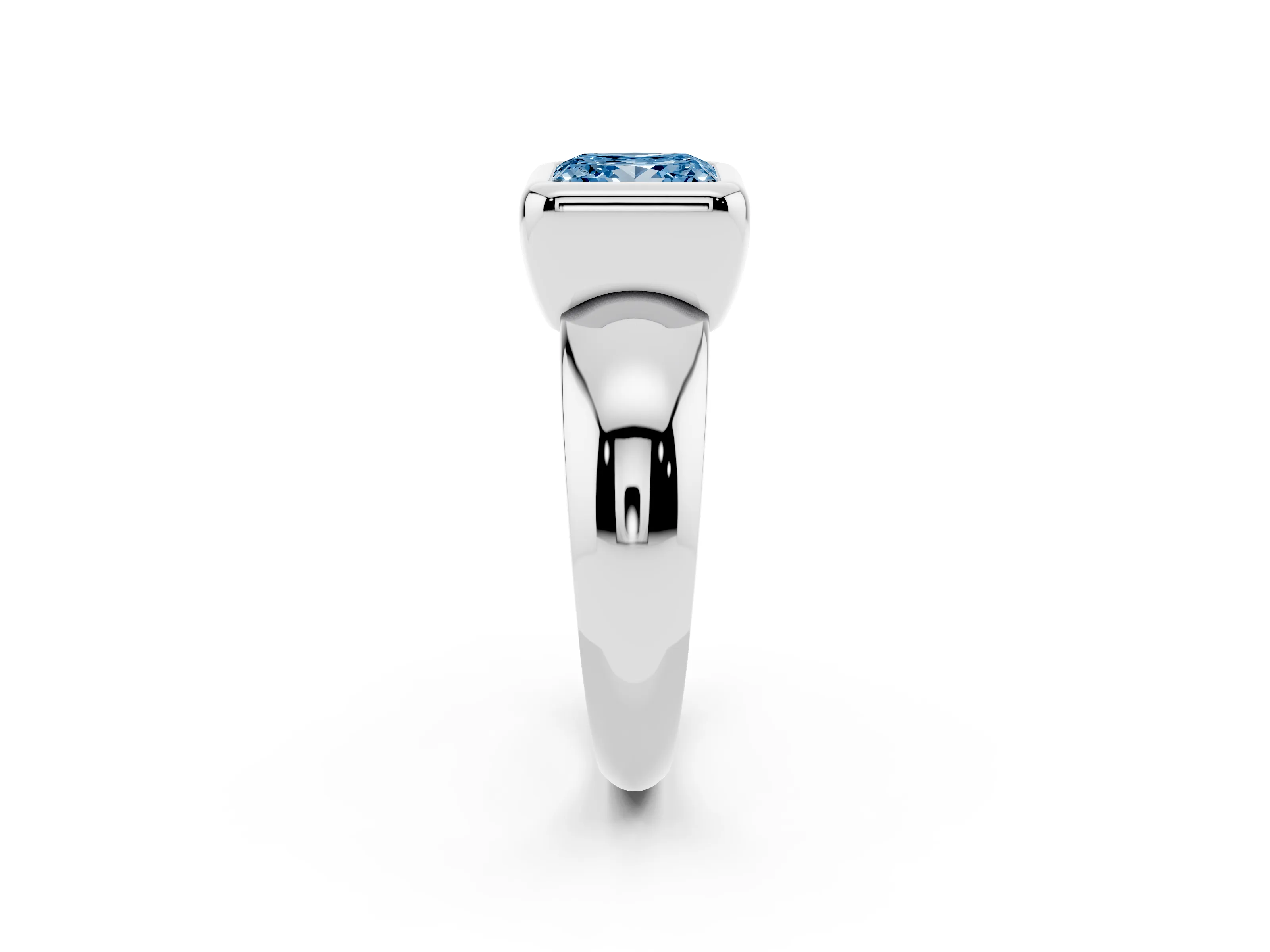 Fancy Blue Bezel Set Princess Cut Diamond Solitaire Ring Set in White gold with Wide Band