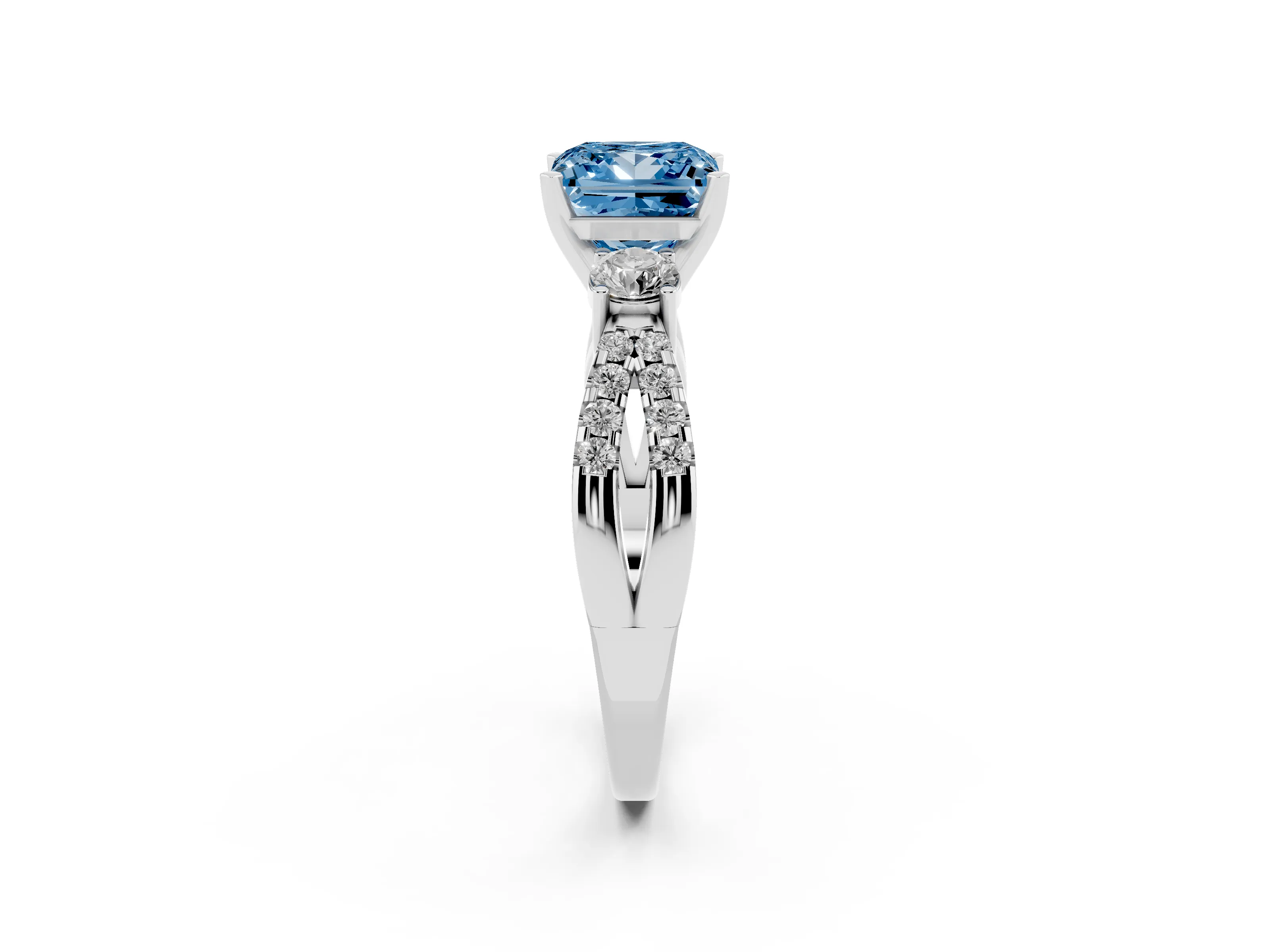 Fancy Blue Princess Cut Diamond Three-Stone Ring Set in Platinum with Pavé Split Shank and Prong Setting