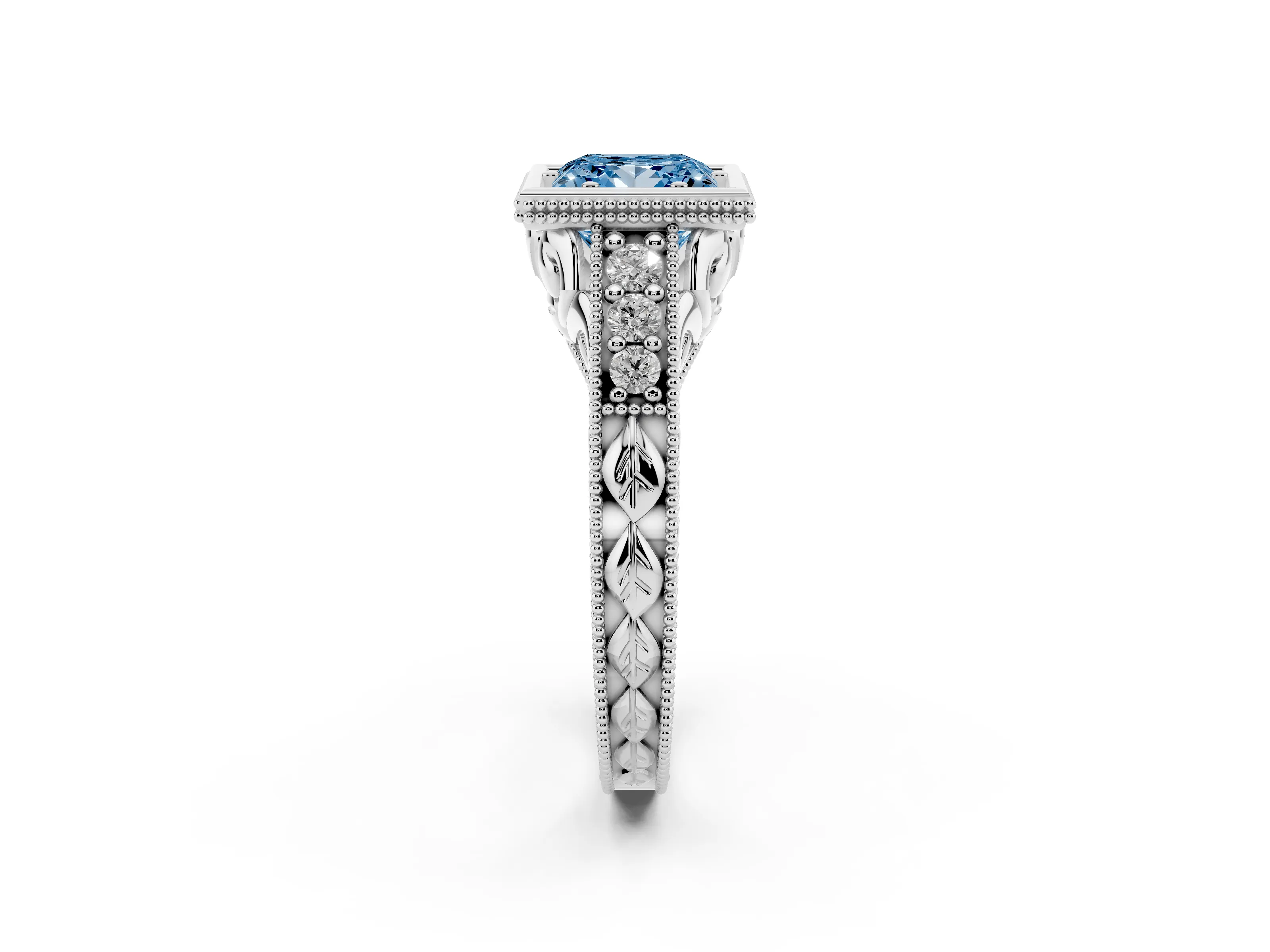 Fancy Blue Bezel Set Princess Cut Diamond Milgrain Pavé Engagement Ring Set in White gold