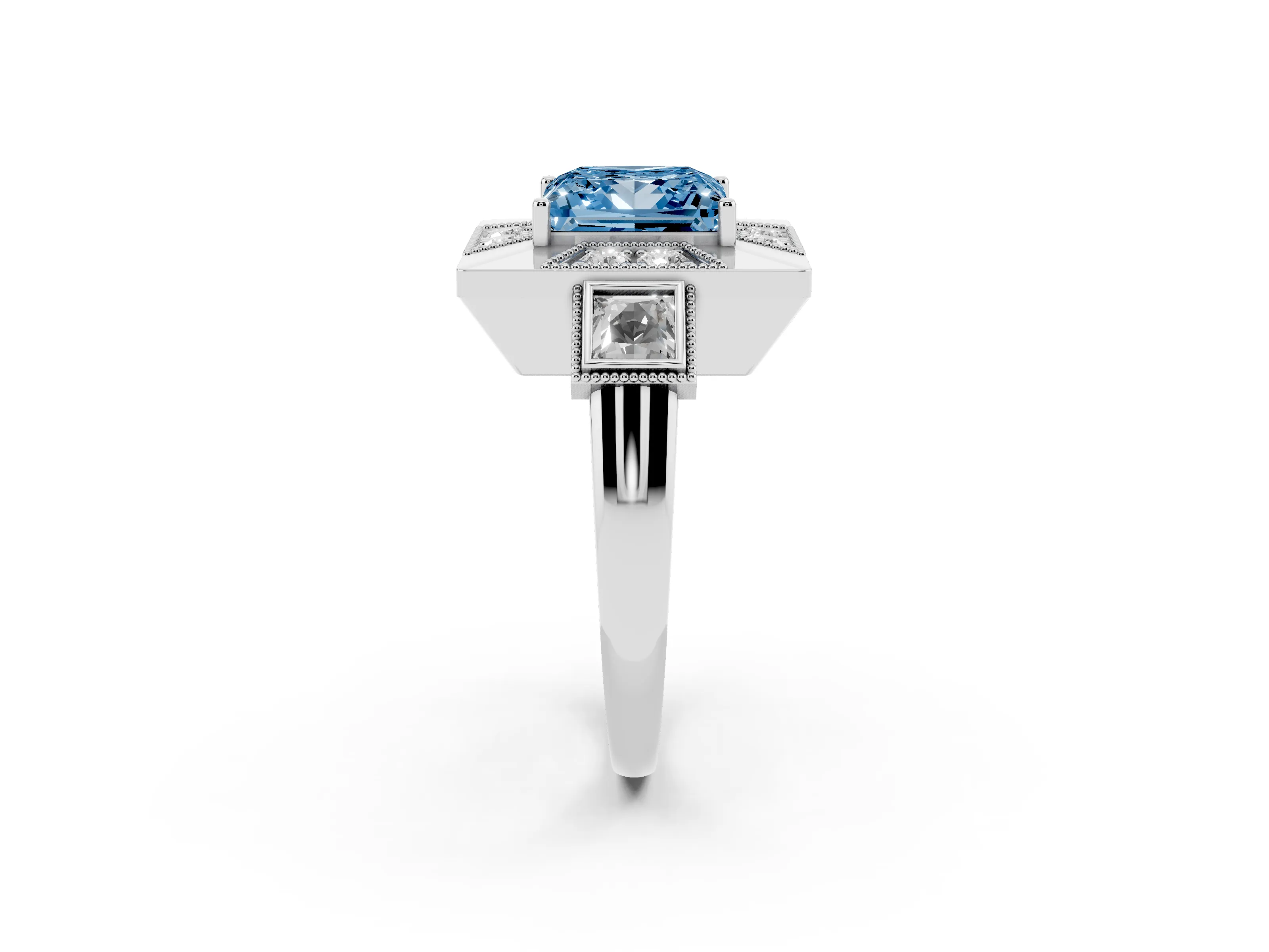 Fancy Blue Princess Cut Diamond Milgrain Halo Ring Set in Silver with Split Shank