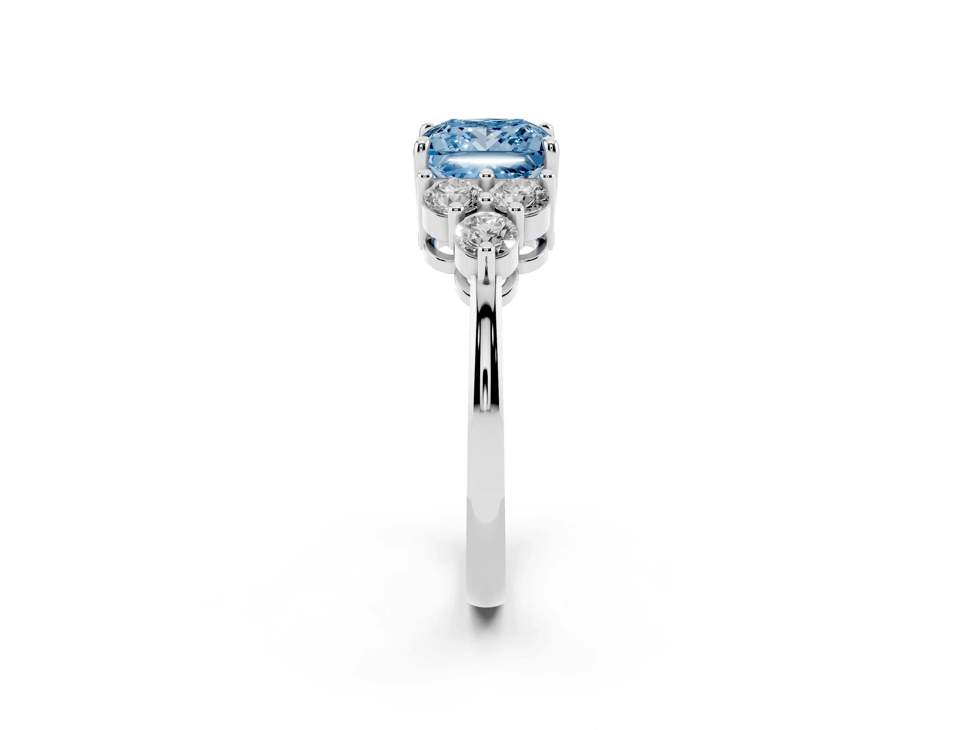 Fancy Blue Princess Cut Diamond Solitaire Ring Set in Platinum with Cluster Accents on Each Side