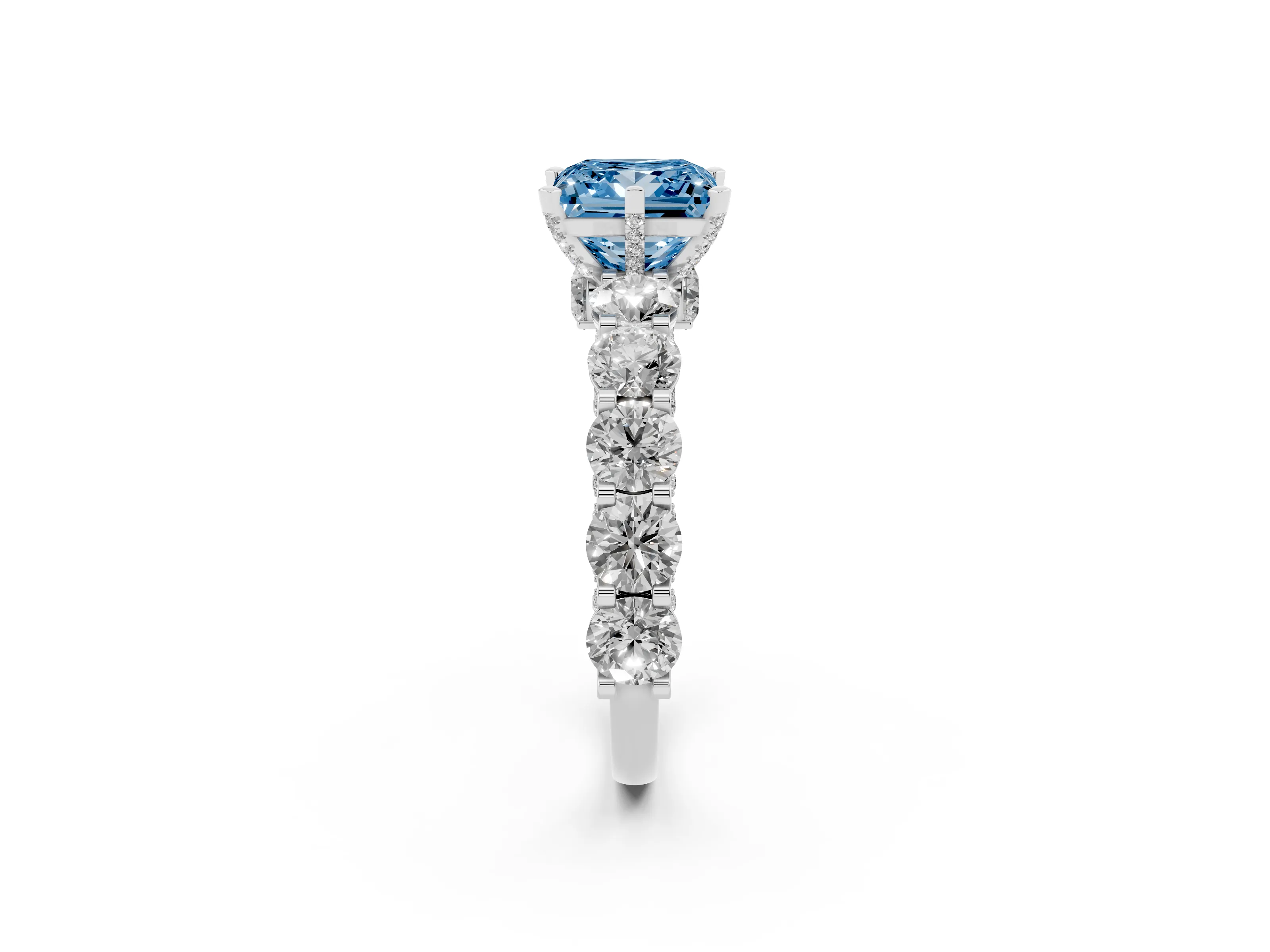 Fancy Blue Princess Cut Diamond Side Stone Ring Set in Platinum with Alternating Round and Oval Side Stones