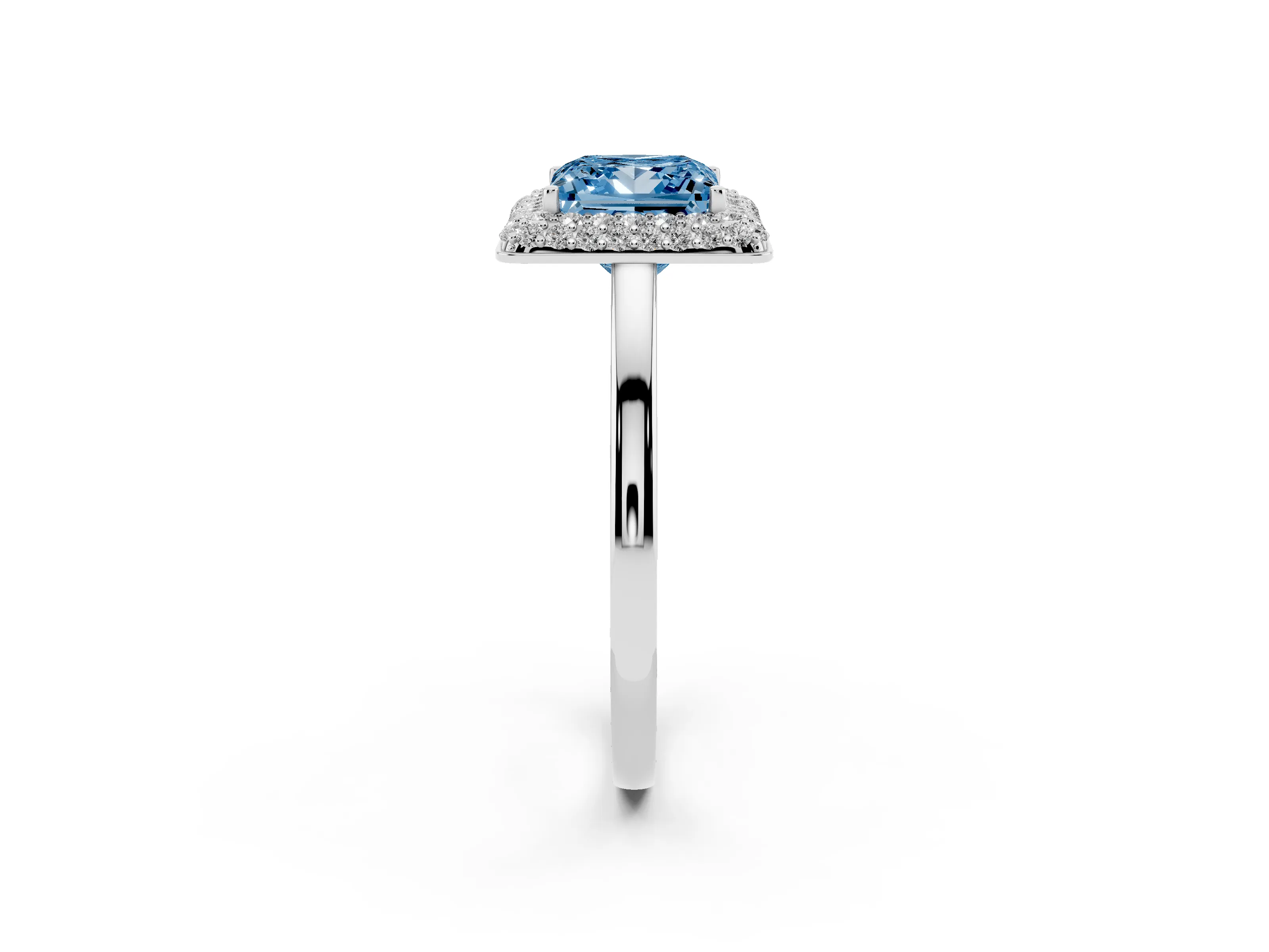 Fancy Blue Princess Cut Diamond Halo Engagement Ring Set in White gold with Solitaire Band and Prong Setting