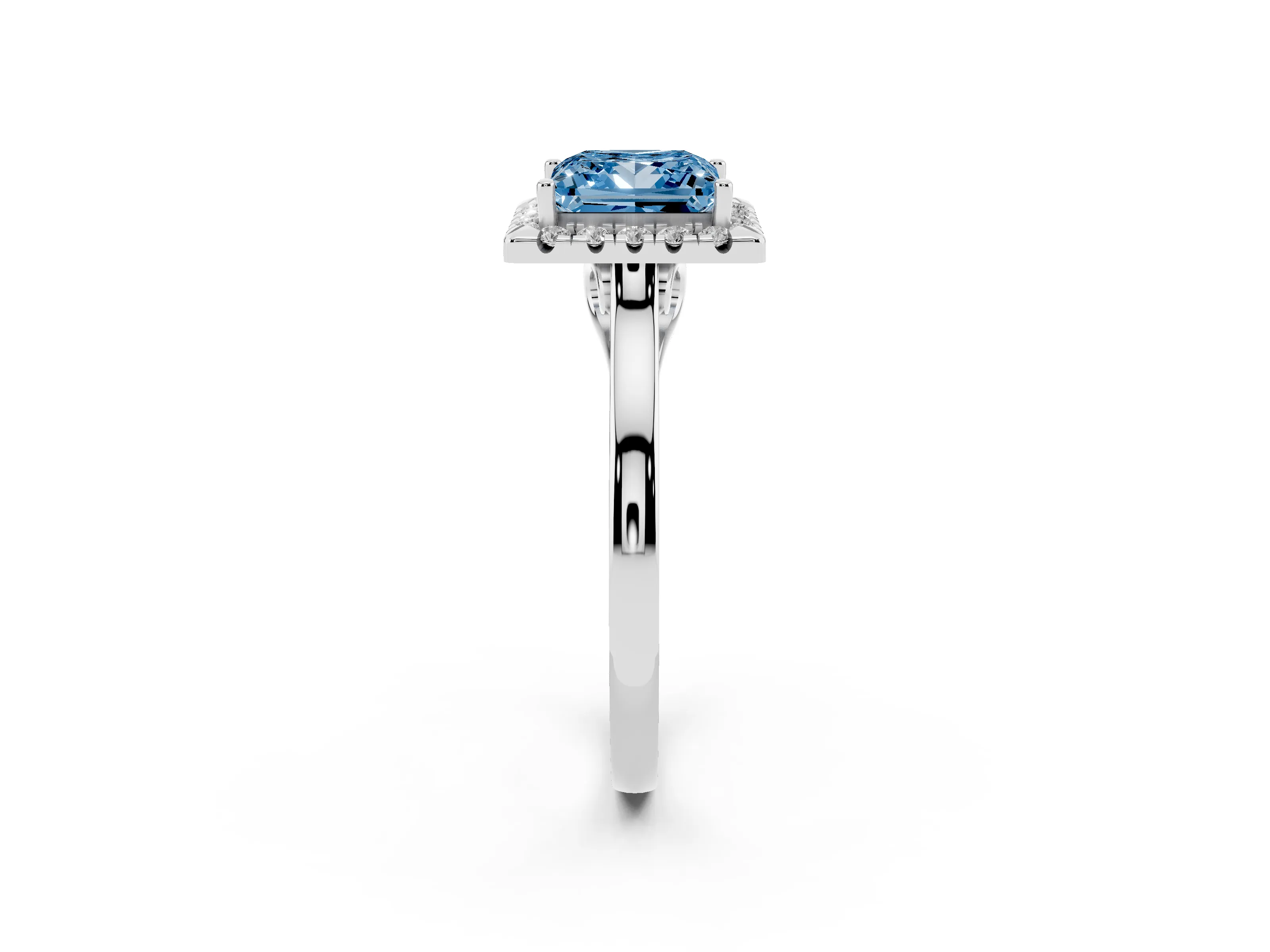 Fancy Blue Princess Cut Halo Round Diamond Solitaire Ring Set in Platinum with Pavé Band and Prong Setting