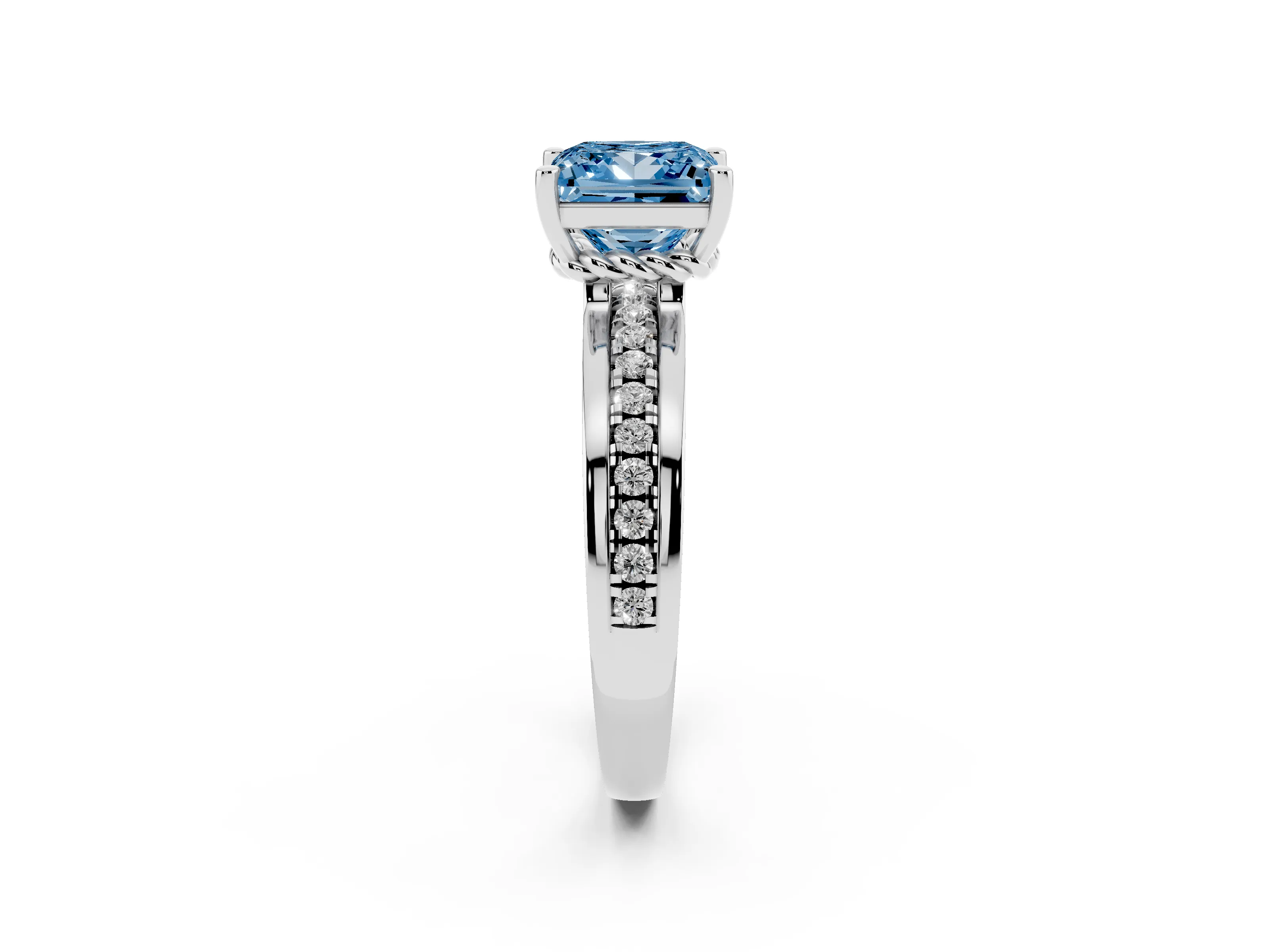 Fancy Blue Princess Cut Diamond Solitaire Ring Set in White gold with Channel Set Band and Prong Setting