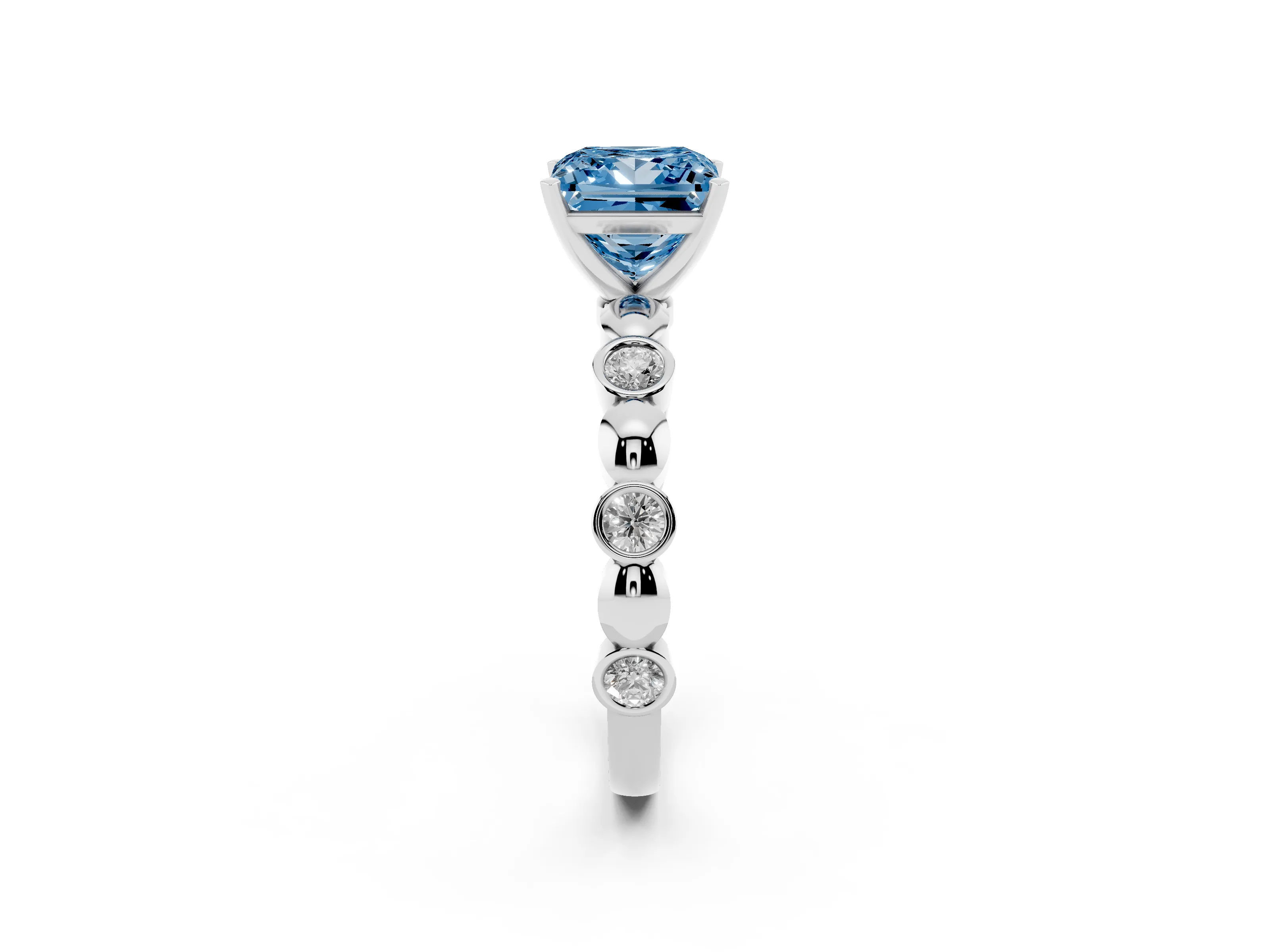 Fancy Blue Princess Cut Diamond Solitaire Ring Set in Silver with Bezel-Set Accents on Beaded Band and Prong Setting