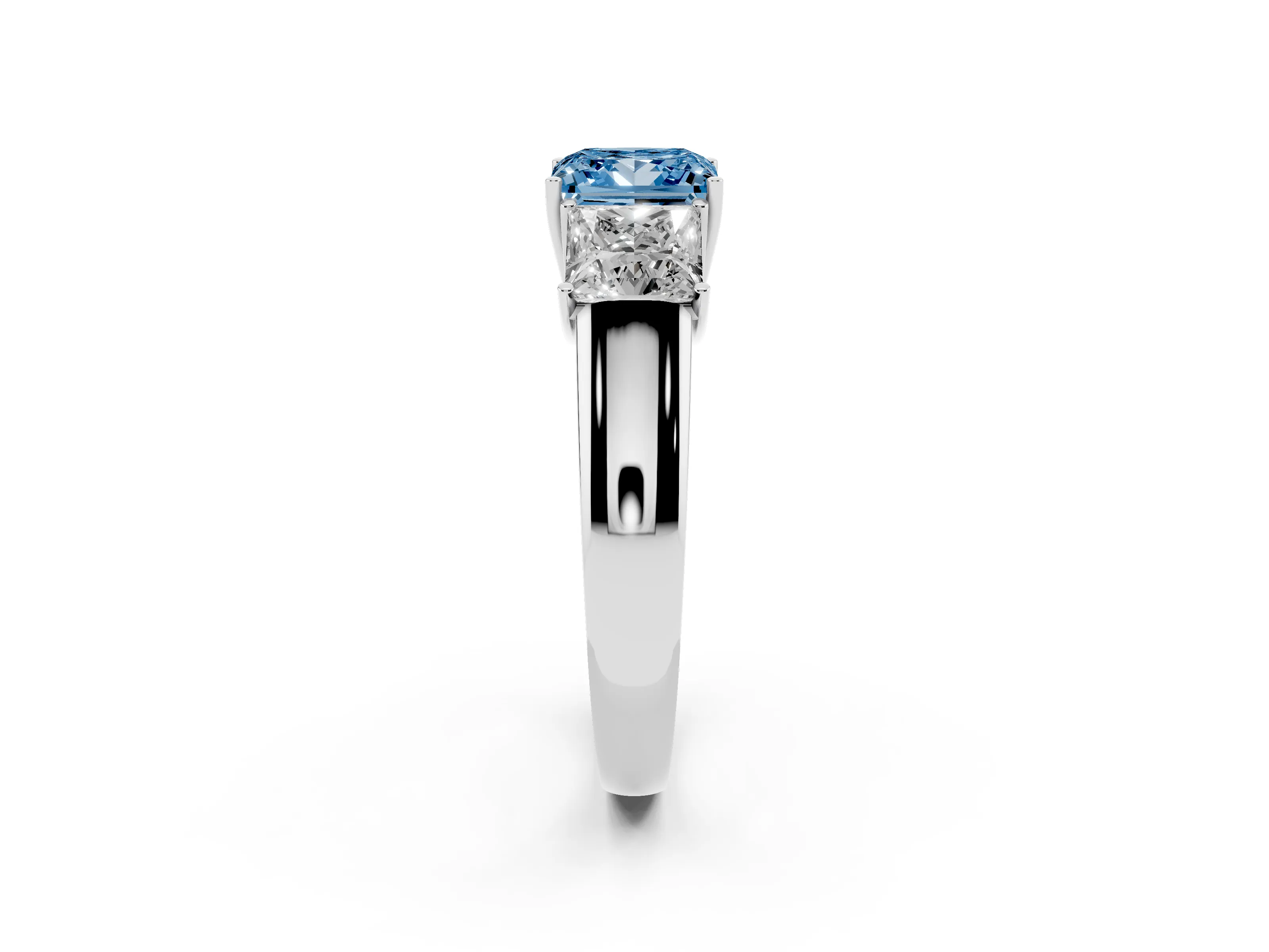 Fancy Blue Three-Stone Princess Cut Diamond Ring Set in Platinum with Matching Prong Settings and Plain Band