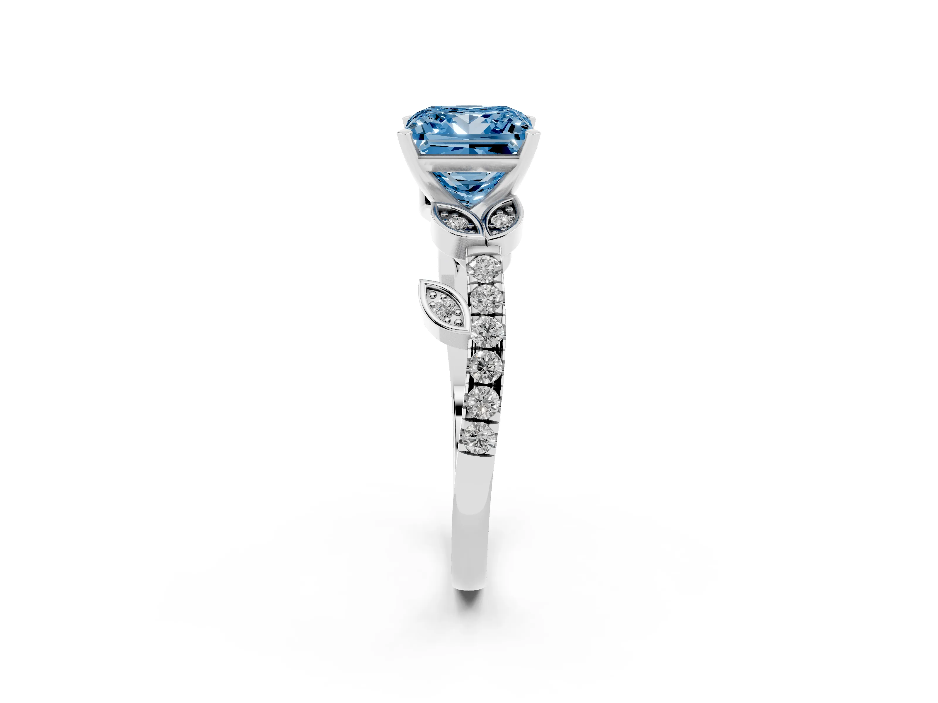 Fancy Blue Princess Cut Diamond Solitaire Leaf-Inspired Ring Set in White gold with Pavé Band and Prong Setting