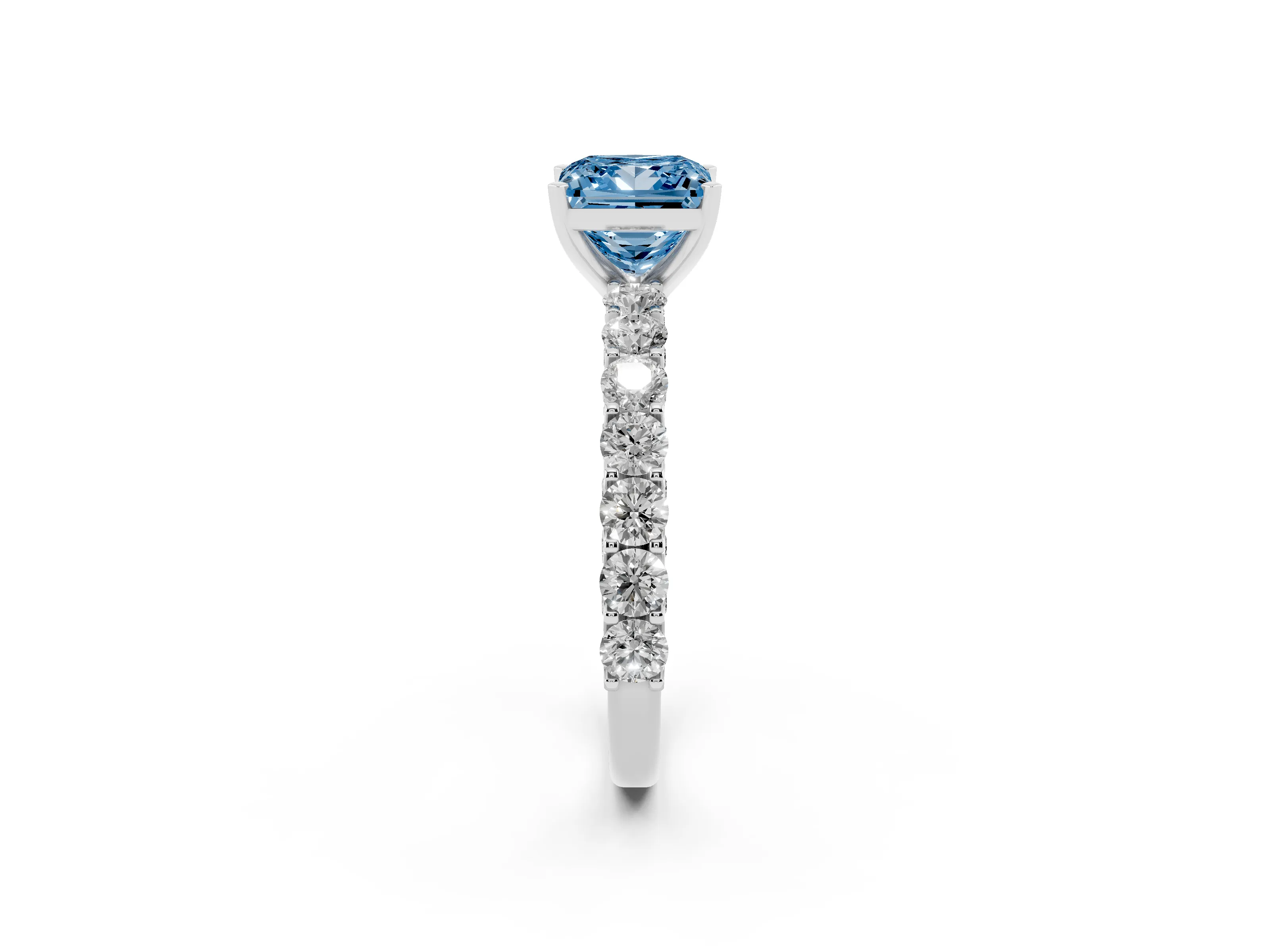 Fancy Blue Princess Cut Diamond Solitaire Ring Set in Silver with Shared Prong Pavé Band