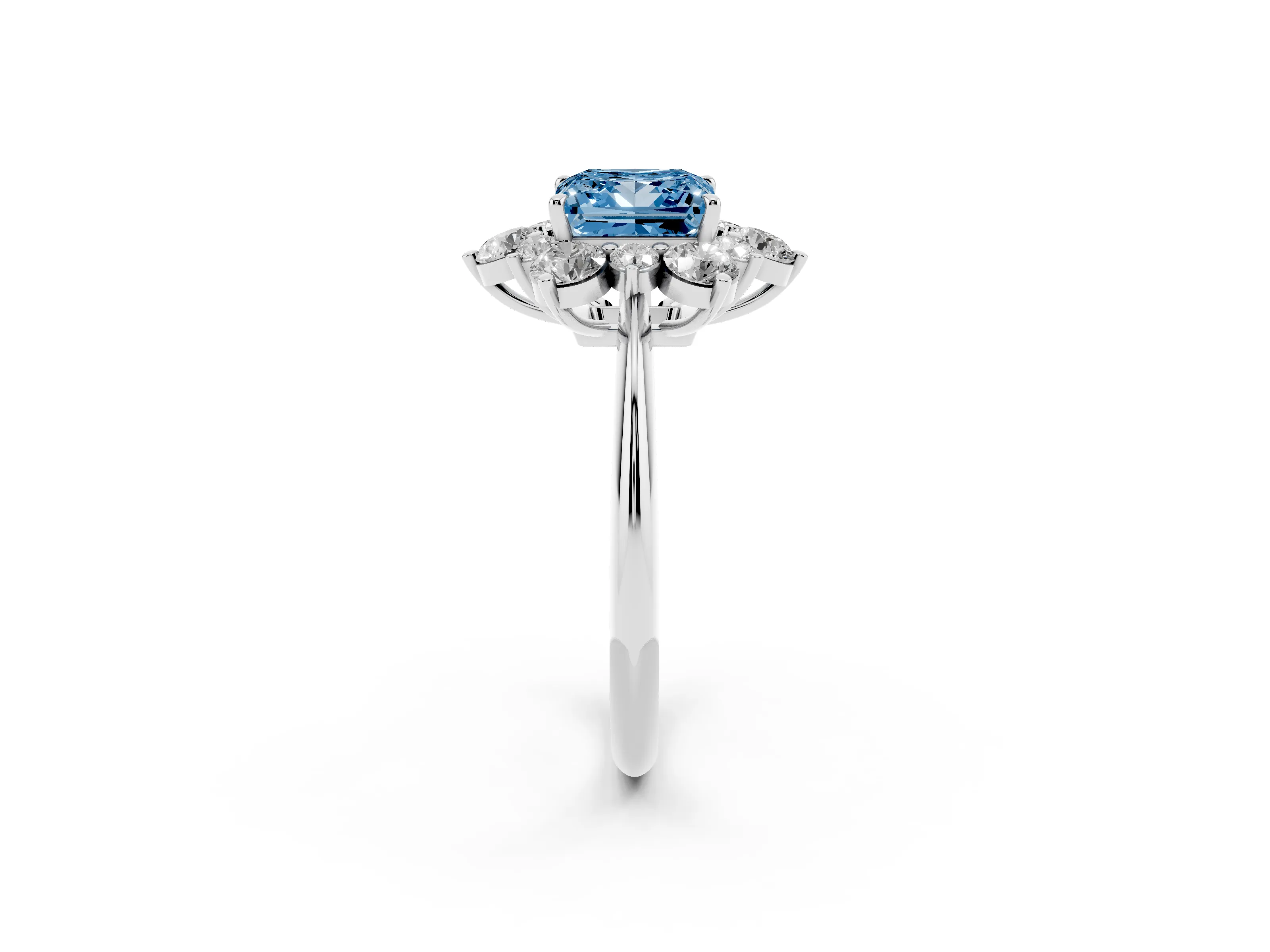 Fancy Blue Princess Cut Diamond Cluster Halo Ring Set in White gold with Solitaire Band and Prong Setting