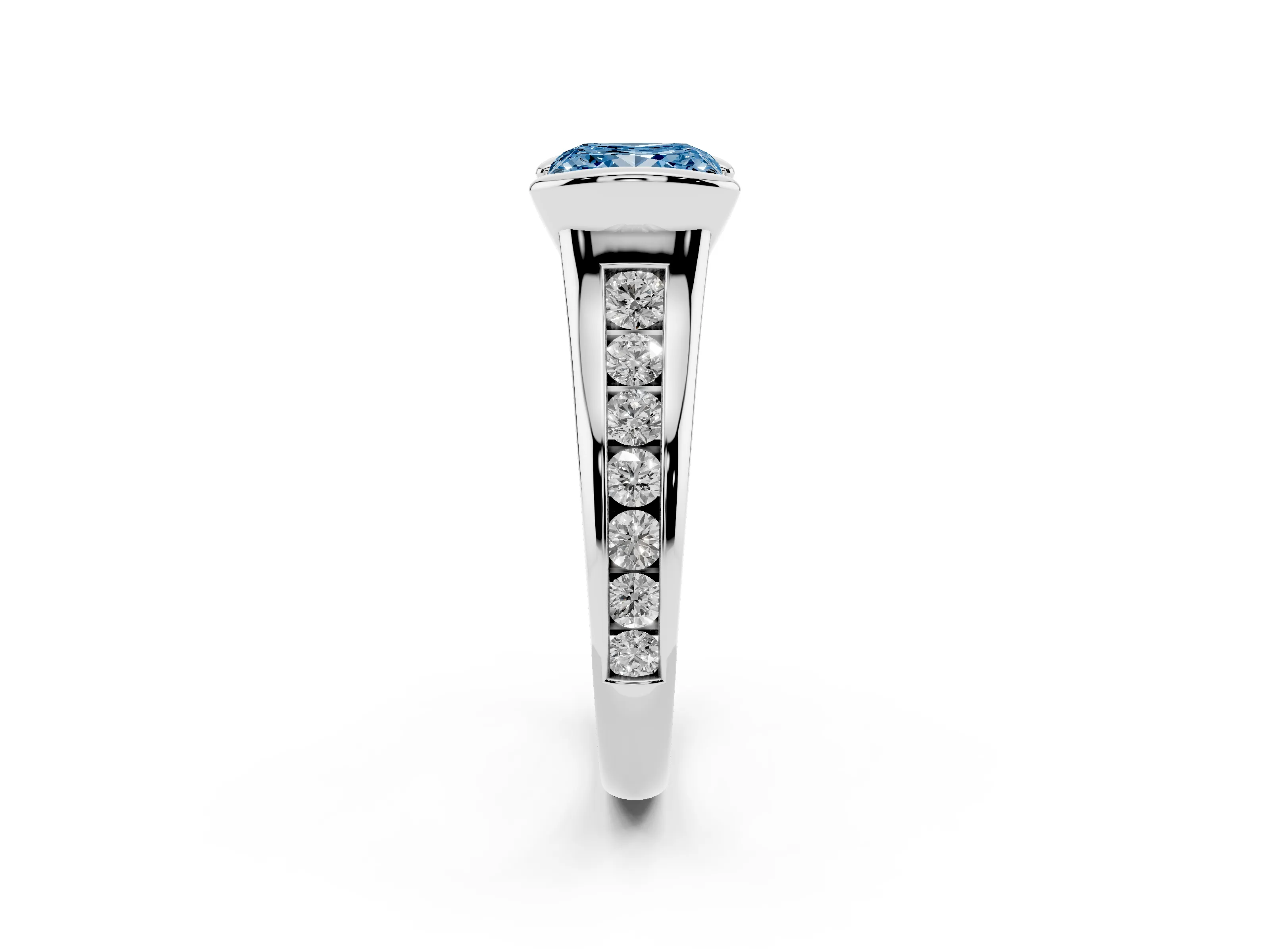 Fancy Blue Princess Cut Diamond Bezel-Set Solitaire Ring Set in Silver with Channel-Set Band