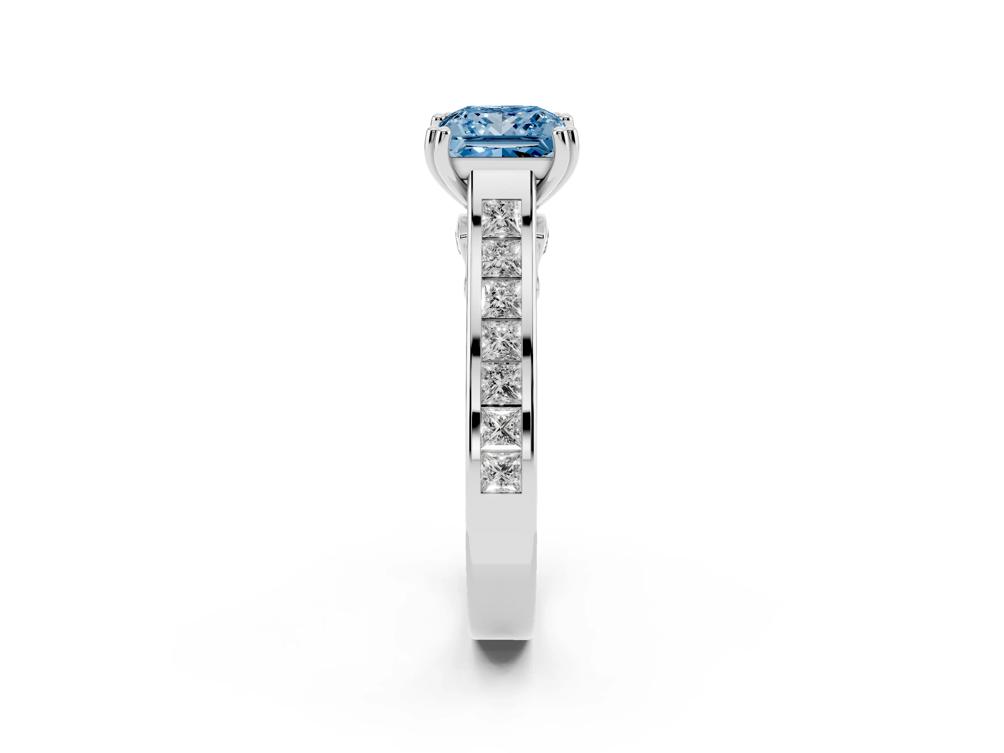 Fancy Blue Princess Cut Diamond Channel Set Solitaire Engagement Ring Set in White gold with Prong Setting