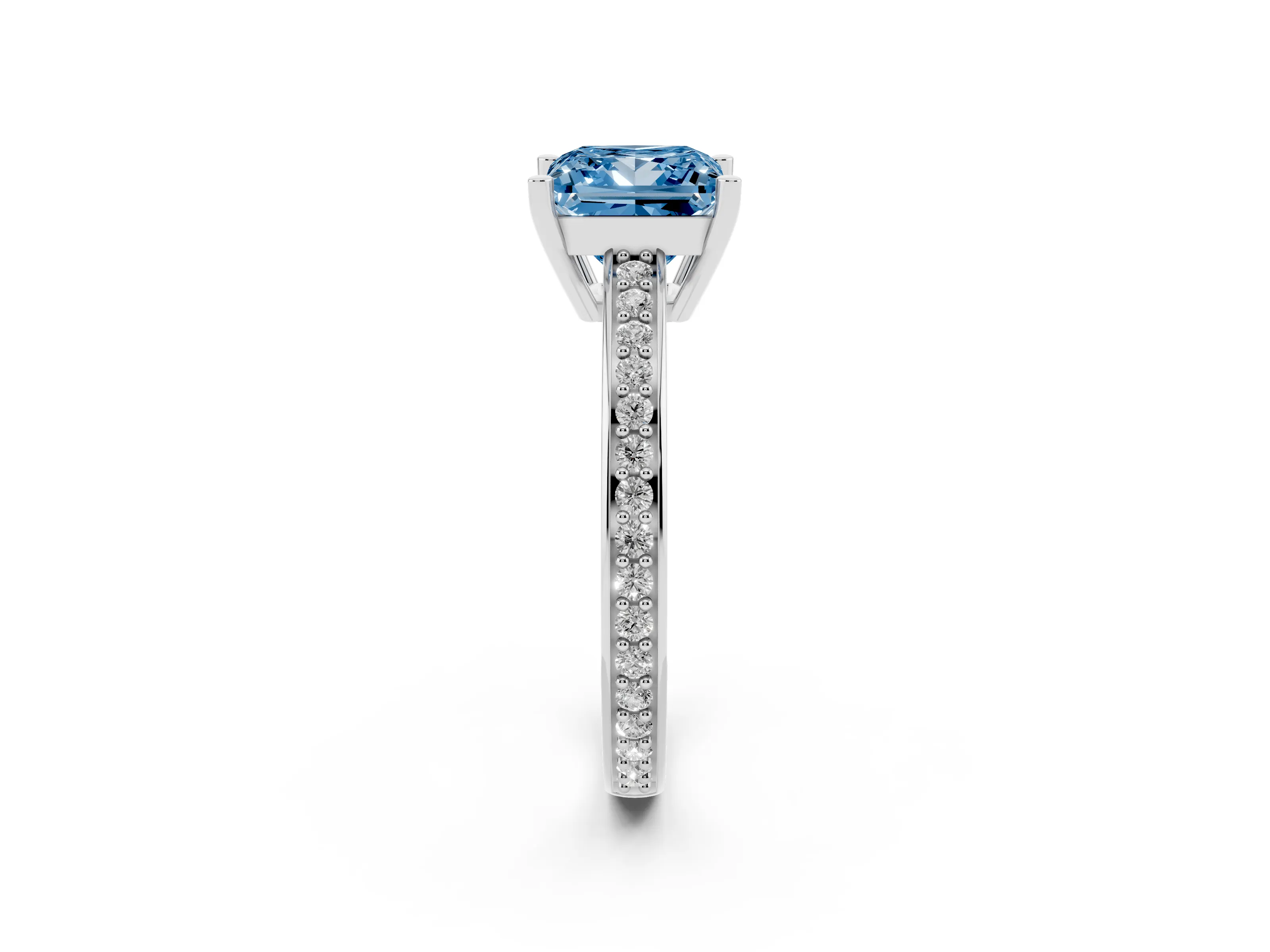 Fancy Blue Princess Cut Diamond Pavé Band Prong Set Solitaire Ring Set in Silver