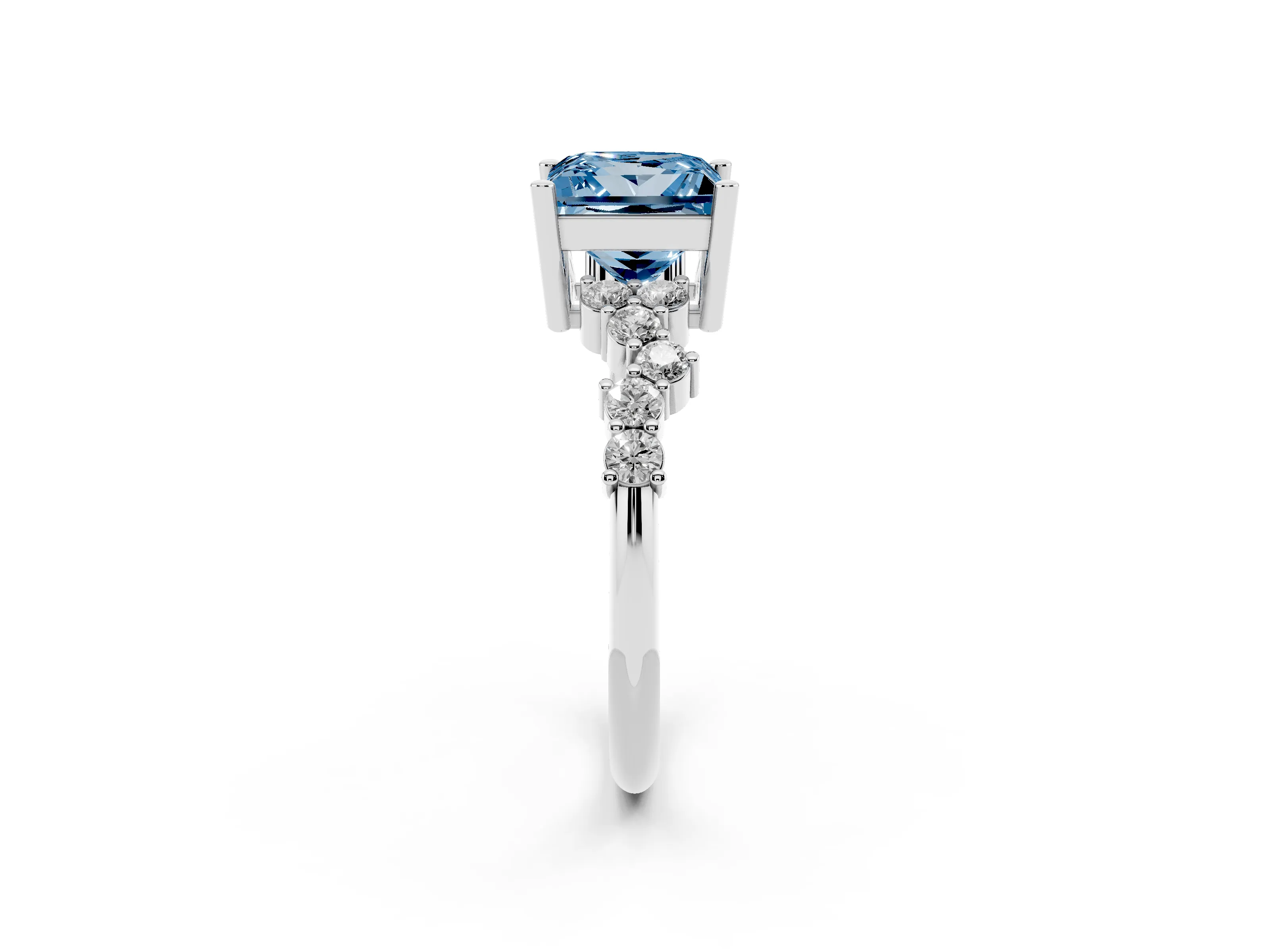 Fancy Blue Princess Cut Diamond Ring Set in White gold with Scattered Round Accents