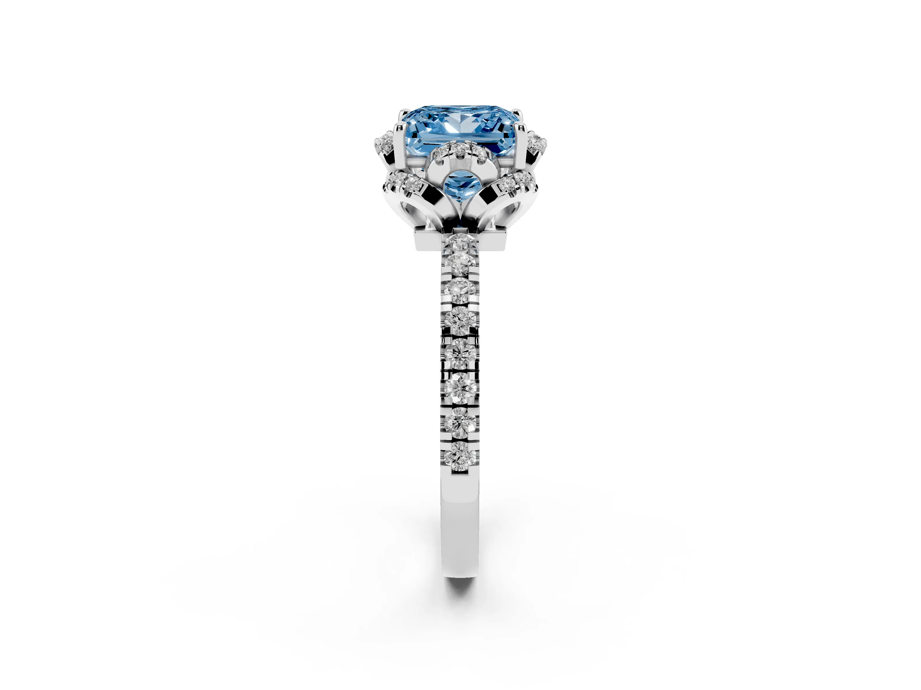 Fancy Blue Princess Cut Diamond Halo Pavé Band Ring Set in Platinum with Prong-Held Center
