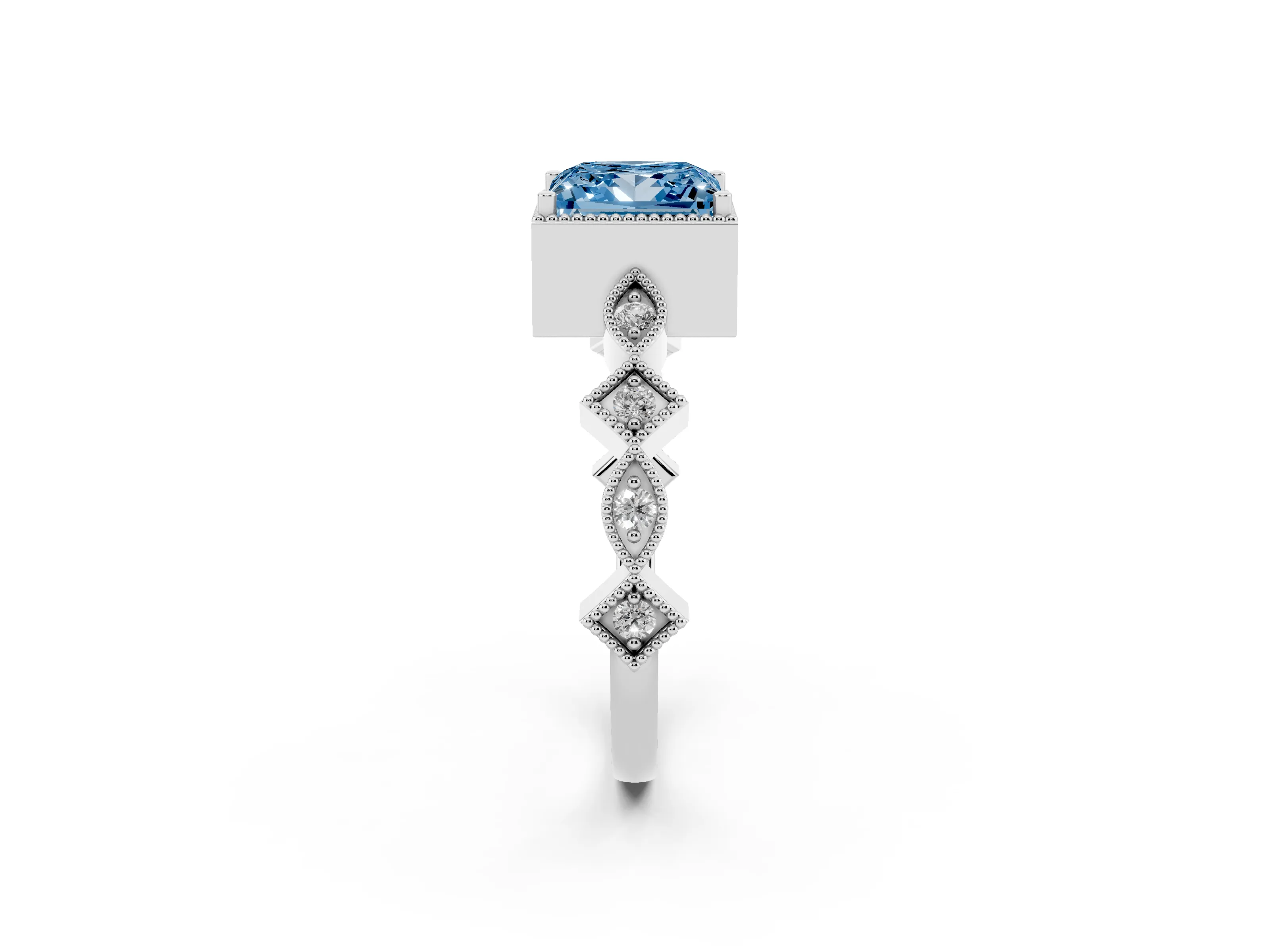 Fancy Blue Princess Cut Diamond Milgrain Marquise Twist Band Ring Set in Platinum with Prong Setting