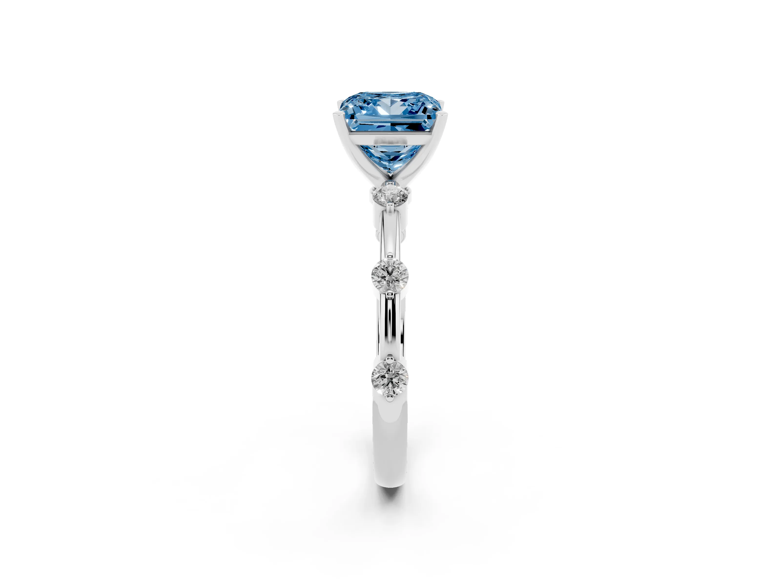 Fancy Blue Princess Cut Diamond Solitaire Ring Set in Silver with Bezel Set Side Stones and Prong Setting