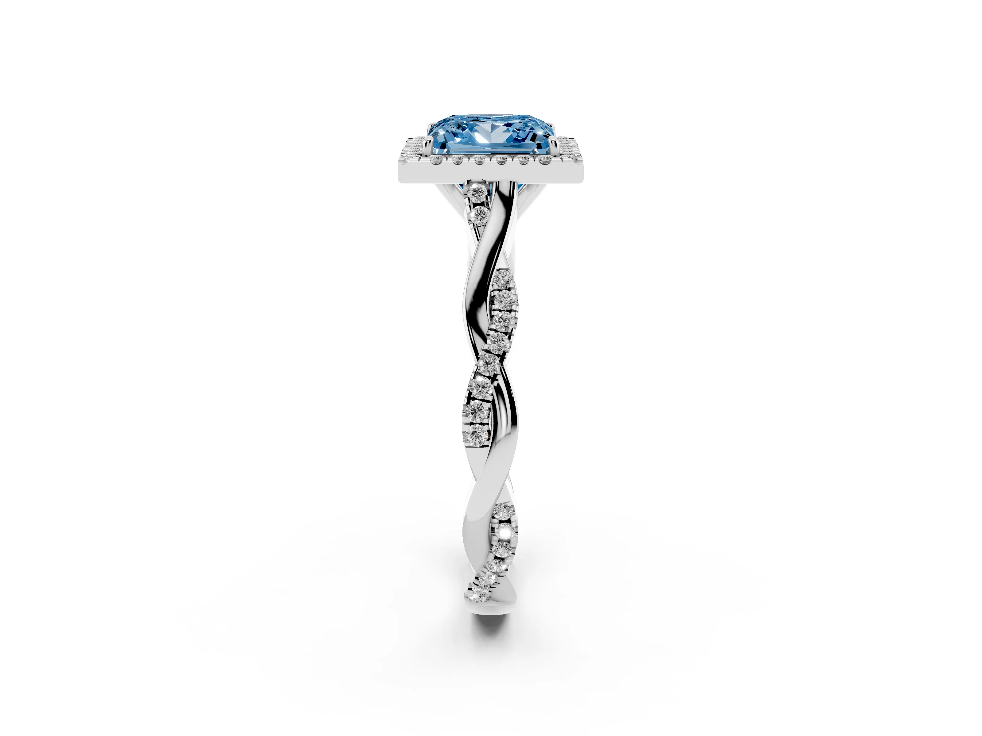 Fancy Blue Princess Cut Diamond Halo Twist Band Solitaire Ring Set in Silver with Prong Setting