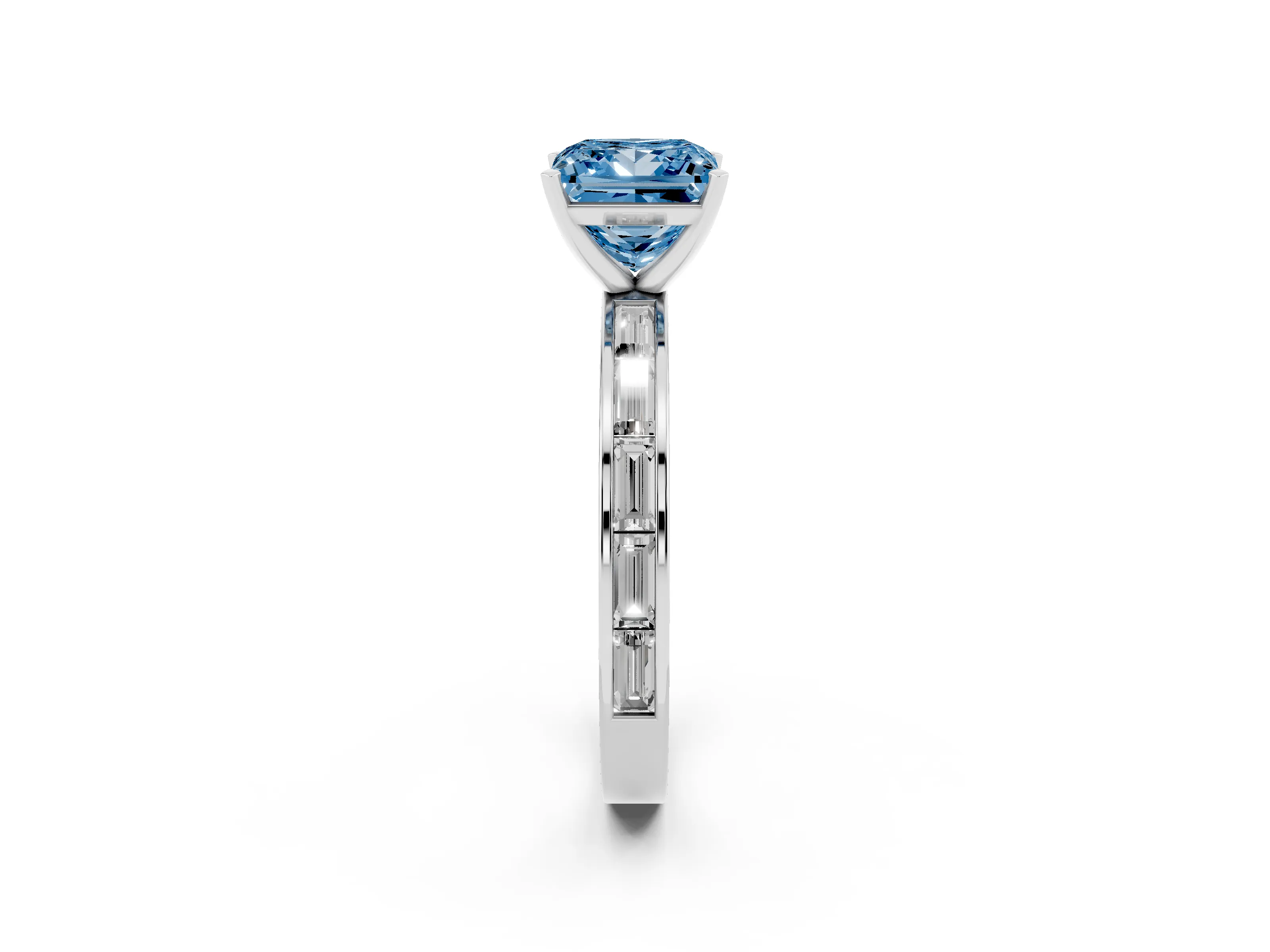 Fancy Blue Princess Cut Diamond Solitaire Ring Set in Platinum with Channel-Set Baguette Band and Prong Setting