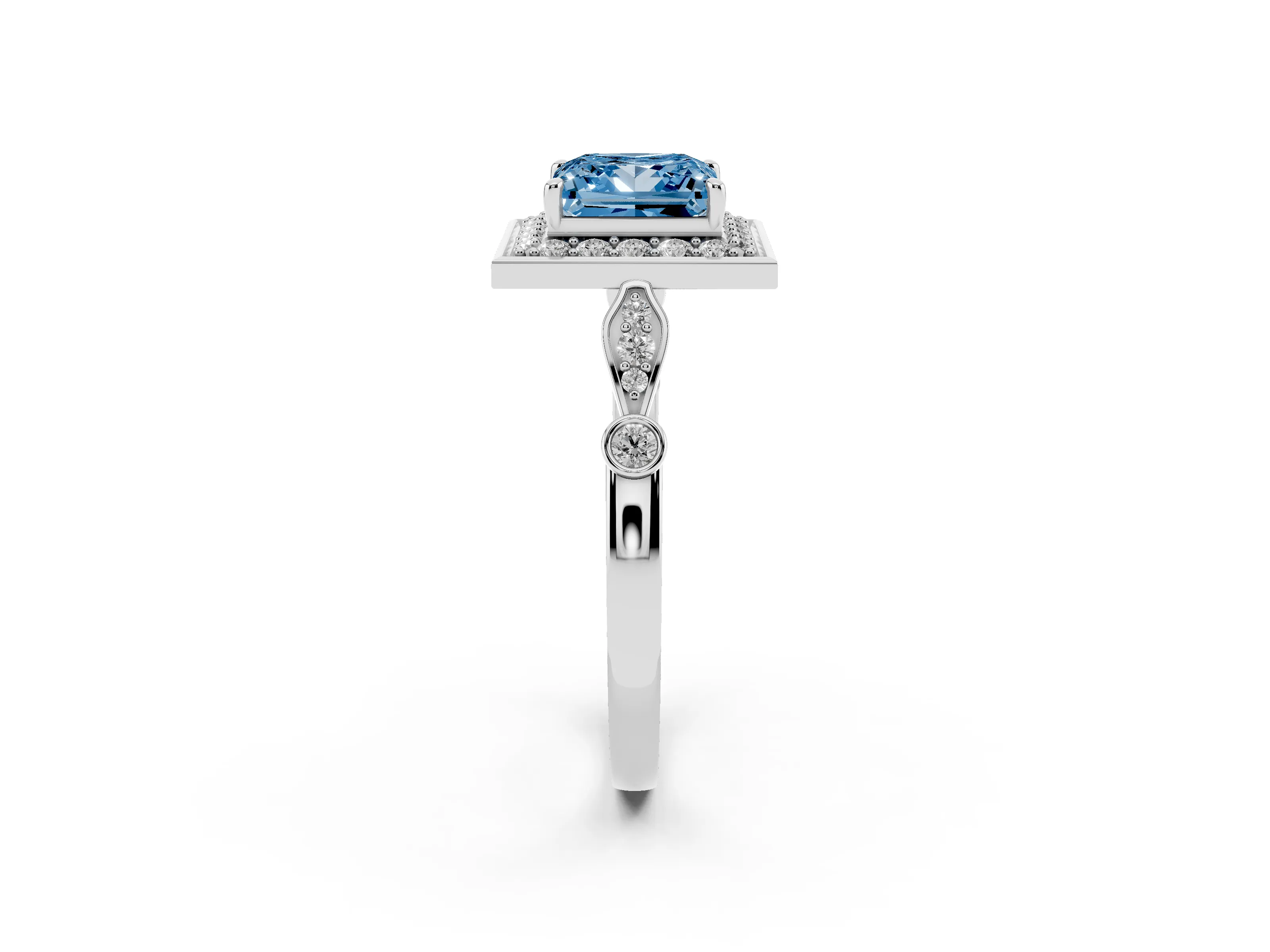 Fancy Blue Princess Cut Diamond Halo Engagement Ring Set in White gold with Twisted Band and Prong Setting