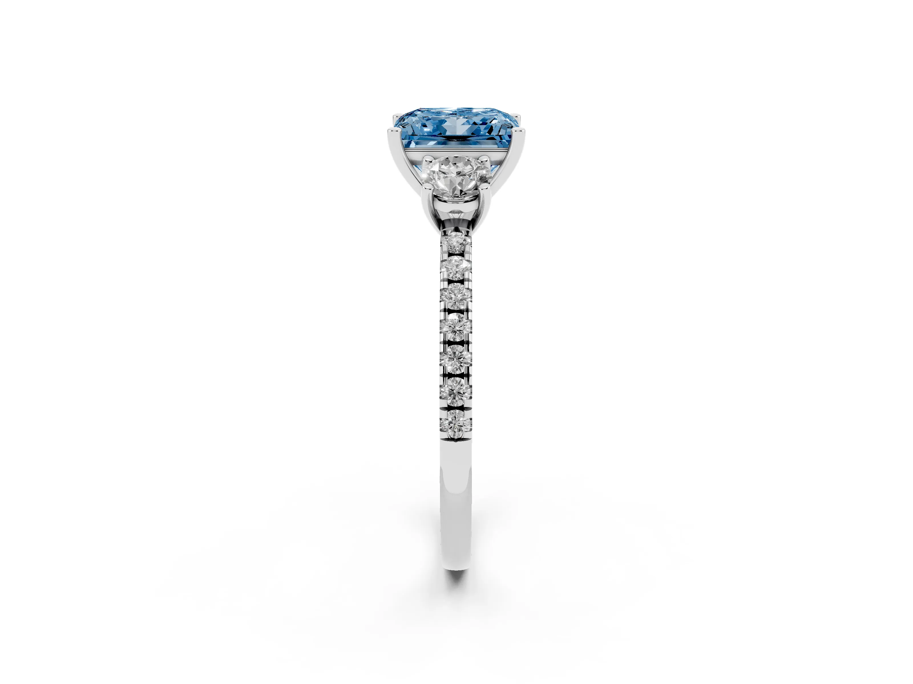 Fancy Blue Princess Cut Diamond Three-Stone Ring Set in Platinum with Pavé Band and Graduated Sides