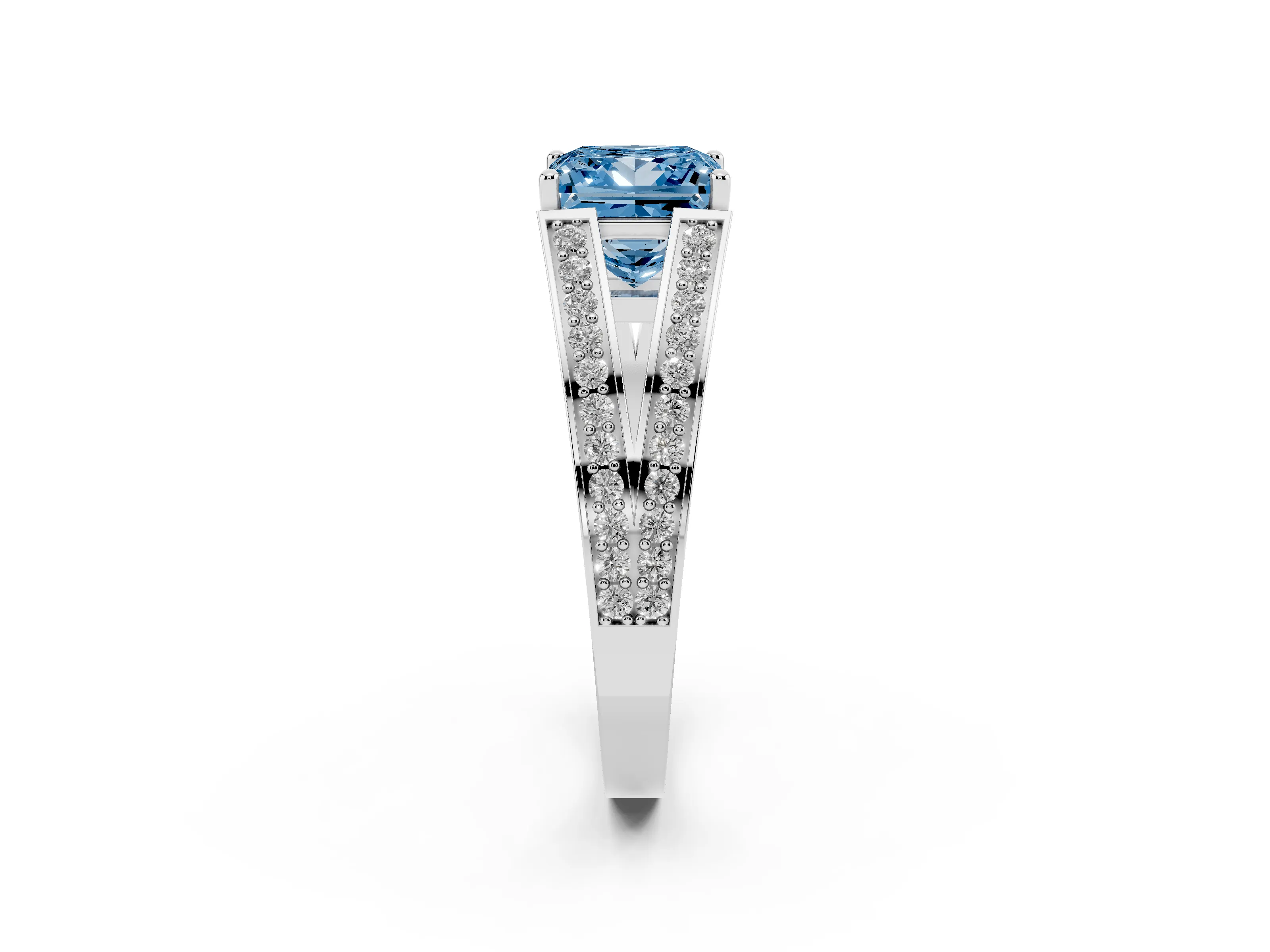 Fancy Blue Princess Cut Diamond Split Shank Ring Set in White gold with Pavé Band and Prong Setting