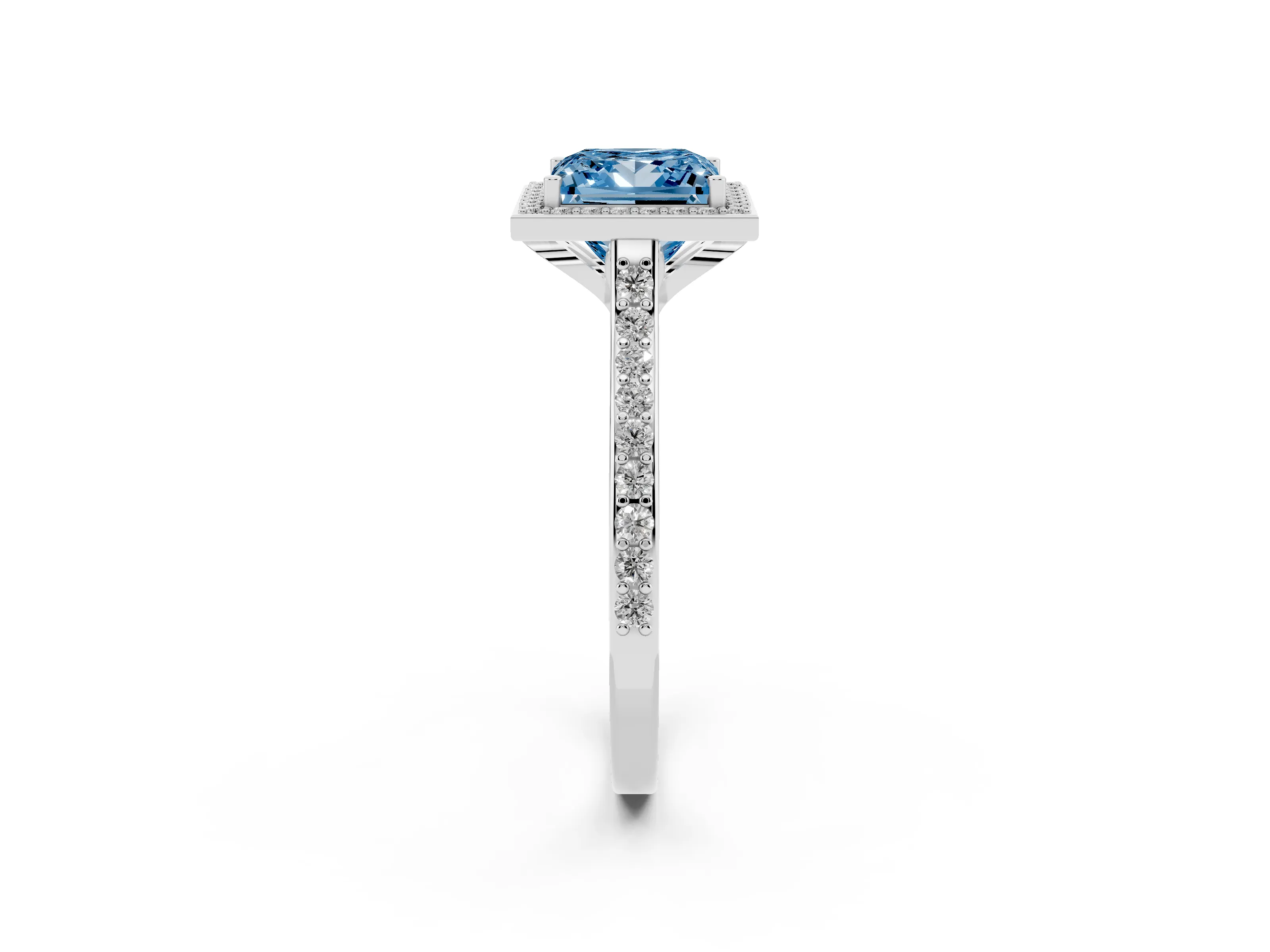 Fancy Blue Princess Cut Diamond Halo Engagement Ring Set in White gold with Round Pavé Shoulders and Heart Gallery