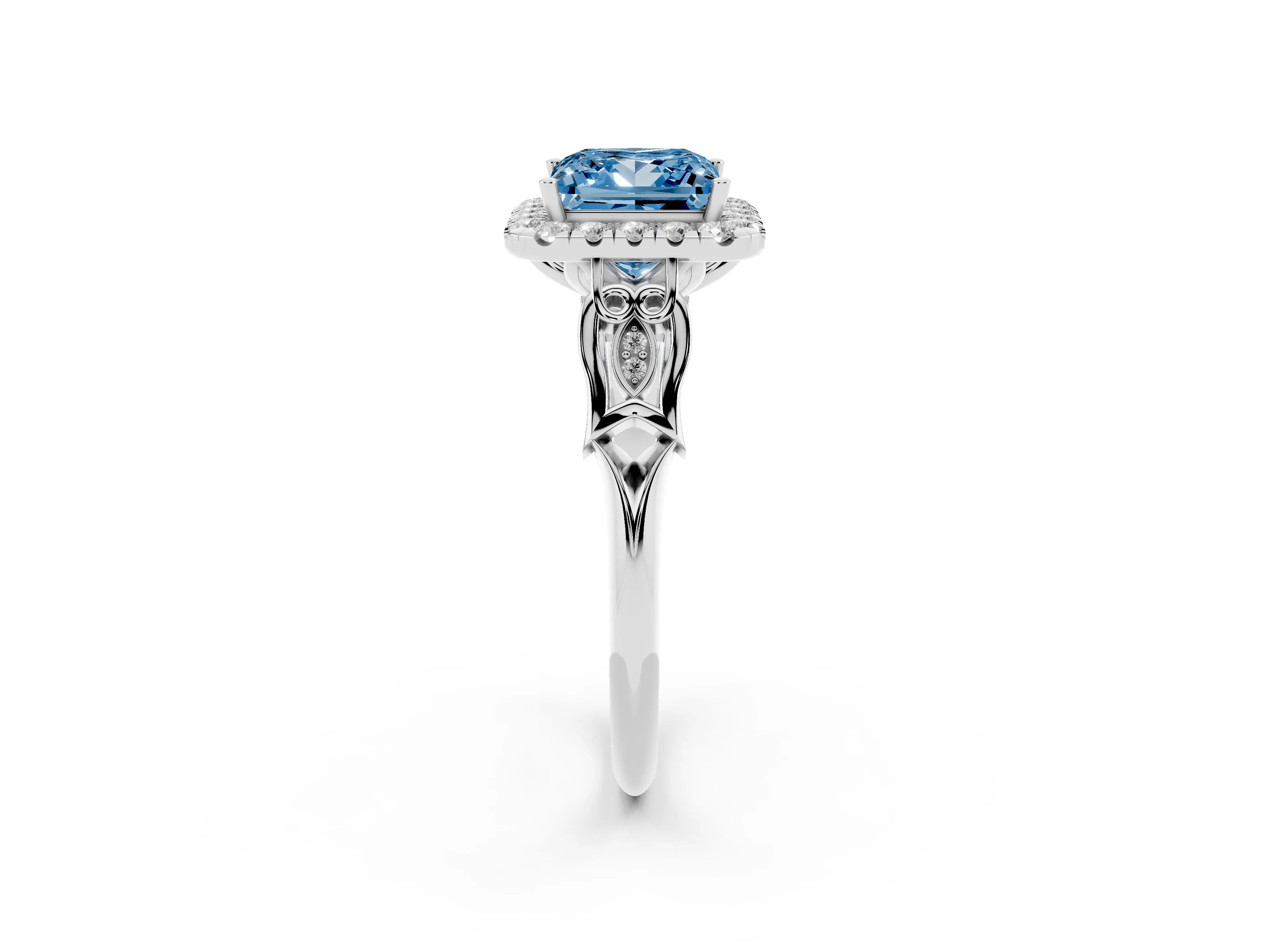 Fancy Blue Princess Cut Diamond Halo Engagement Ring Set in White gold with Filigree Band and Prong-Set Center