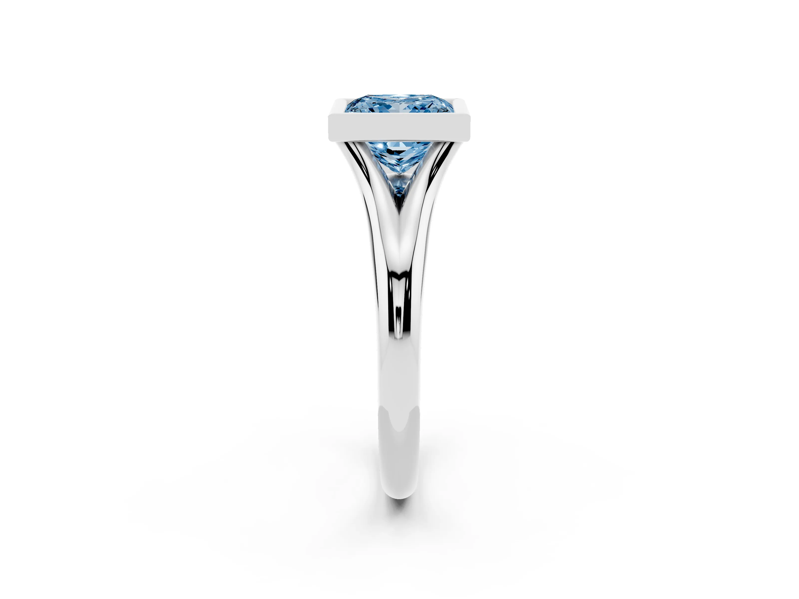 Fancy Blue Bezel Set Princess Cut Diamond Solitaire Ring Set in White gold with Smooth Band