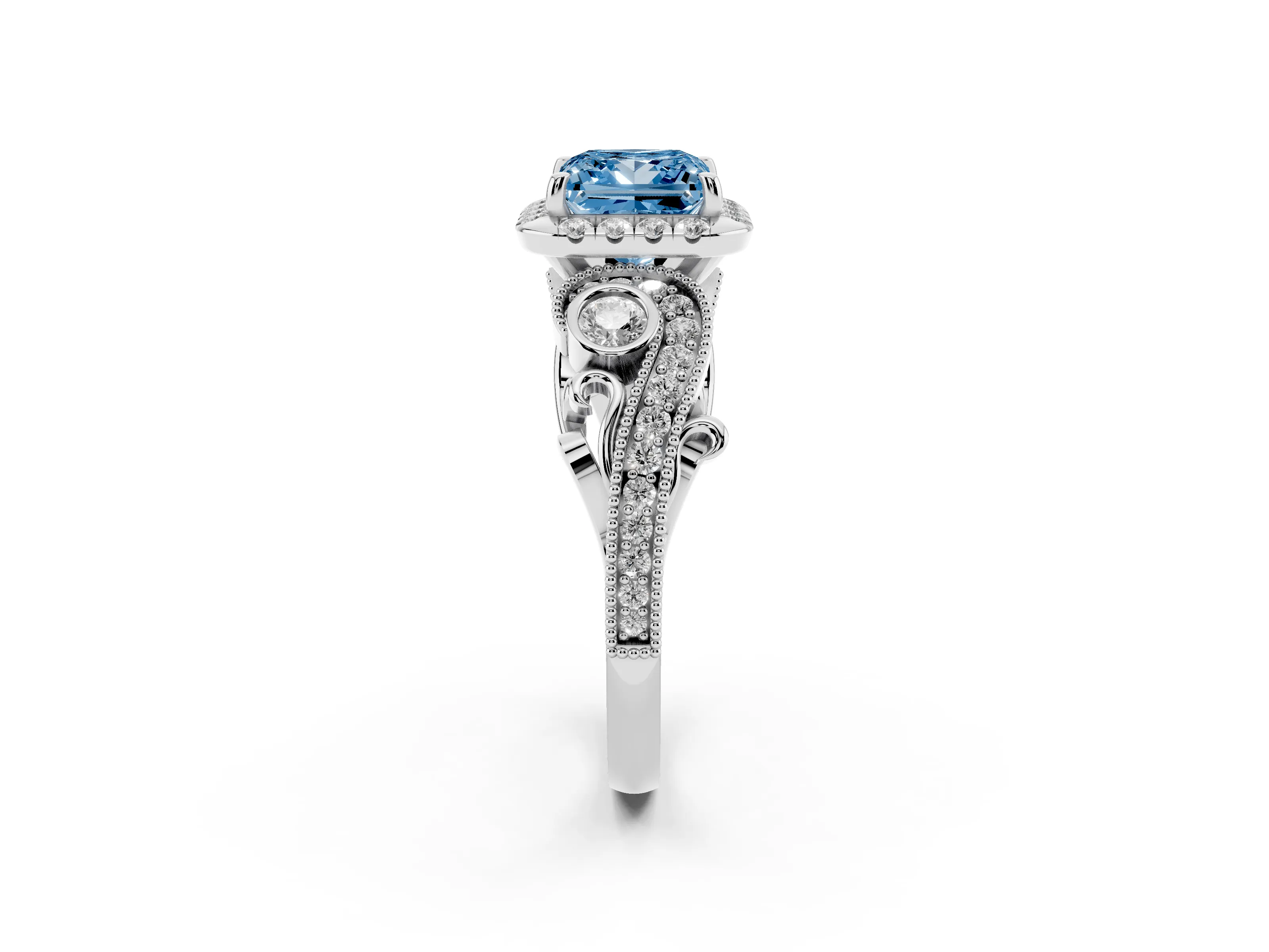 Fancy Blue Princess Cut Diamond Halo Ring Set in Silver with Milgrain Pavé Band and Prong Setting