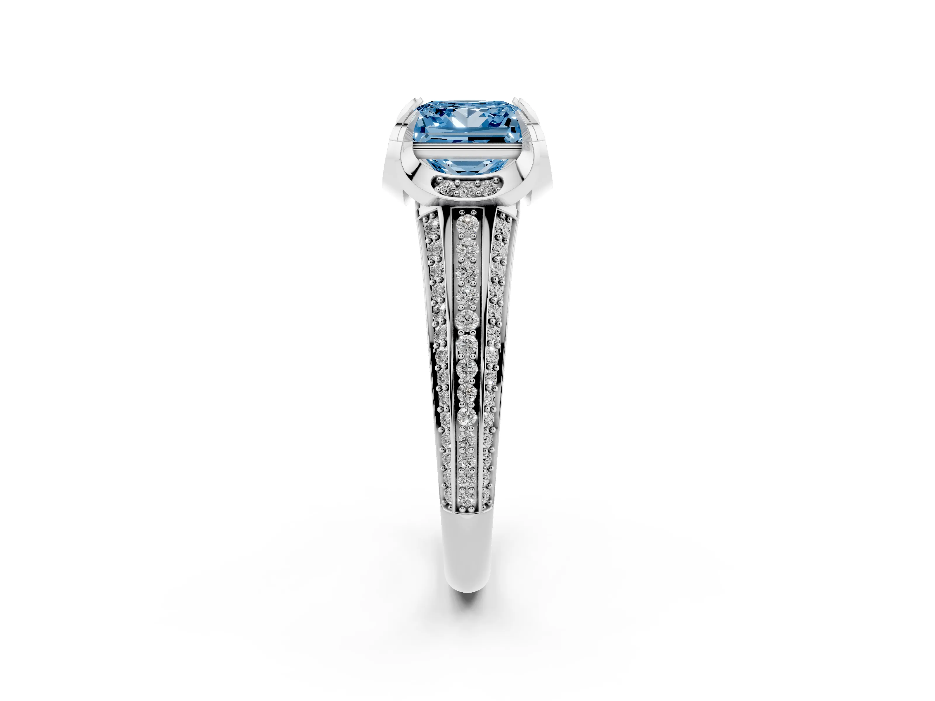Fancy Blue Princess Cut Diamond Pavé Split Shank Solitaire Ring Set in Silver with Prong Setting