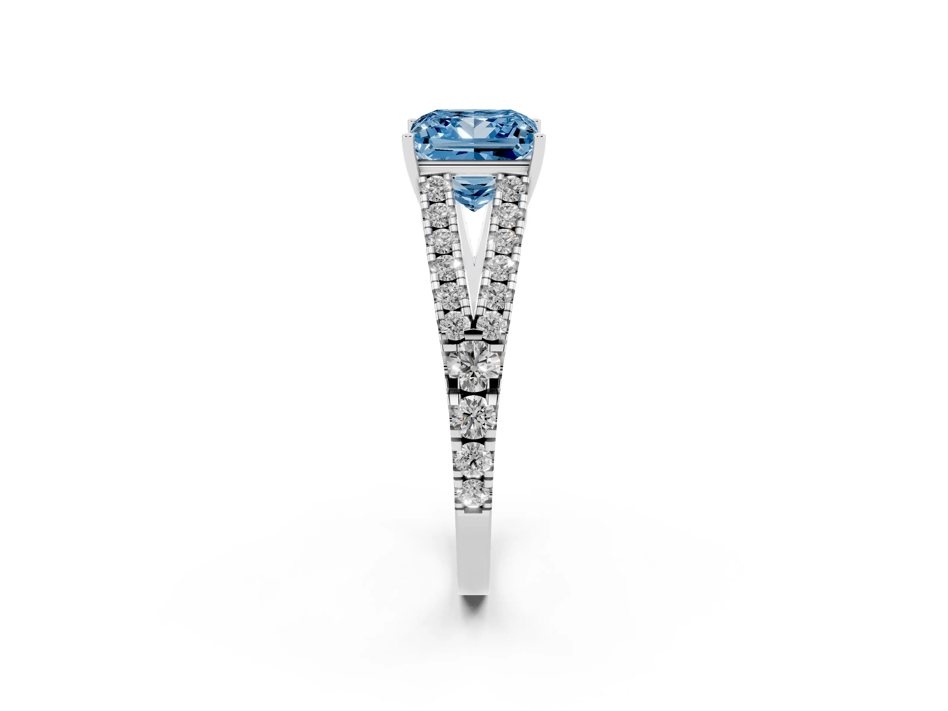 Fancy Blue Princess Cut Diamond Split Shank Pavé Engagement Ring Set in Platinum with Prong-Held Center Stone