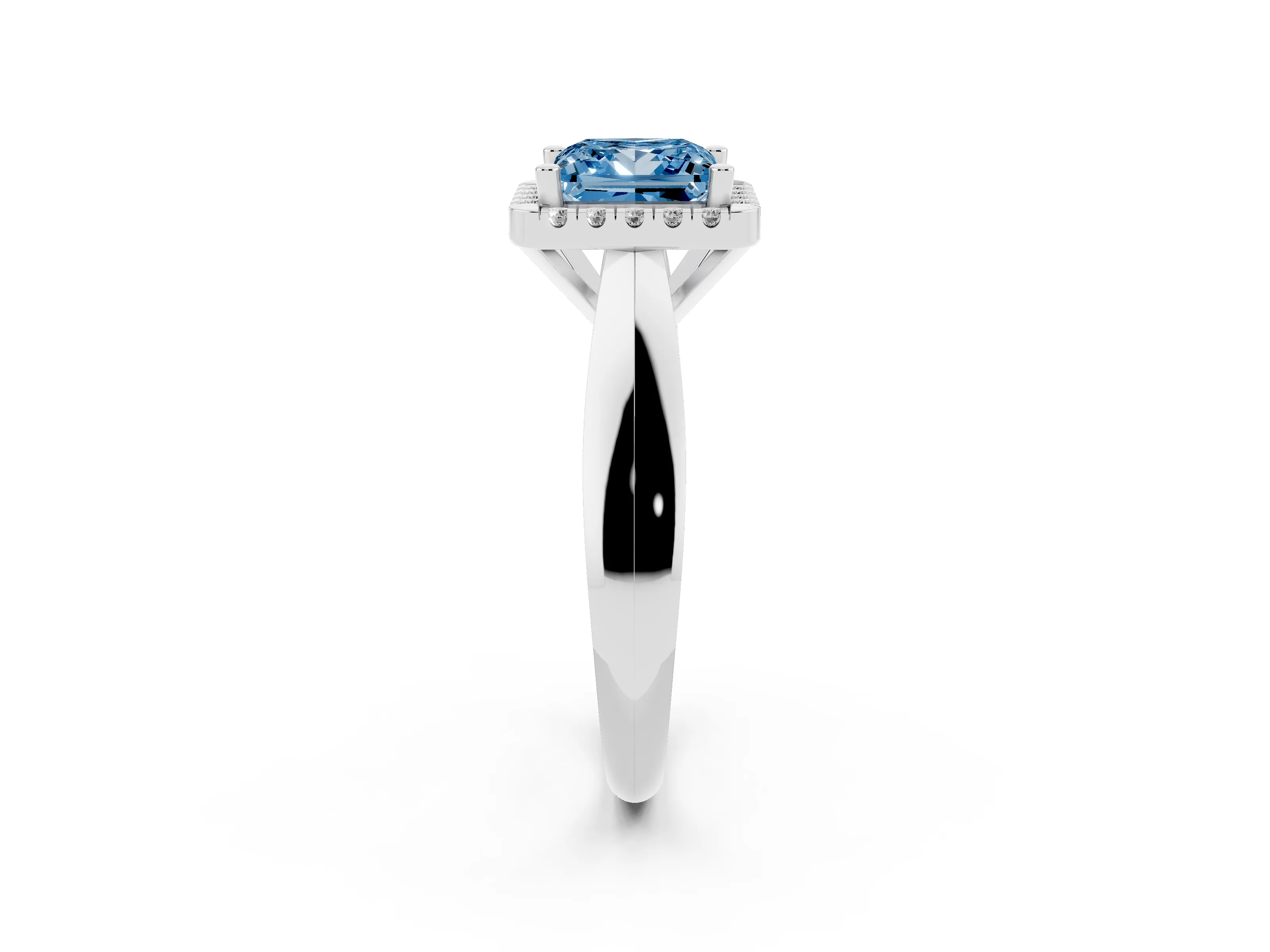 Fancy Blue Princess Cut Diamond Halo Solitaire Engagement Ring Set in Platinum with Square Band and Prong Setting