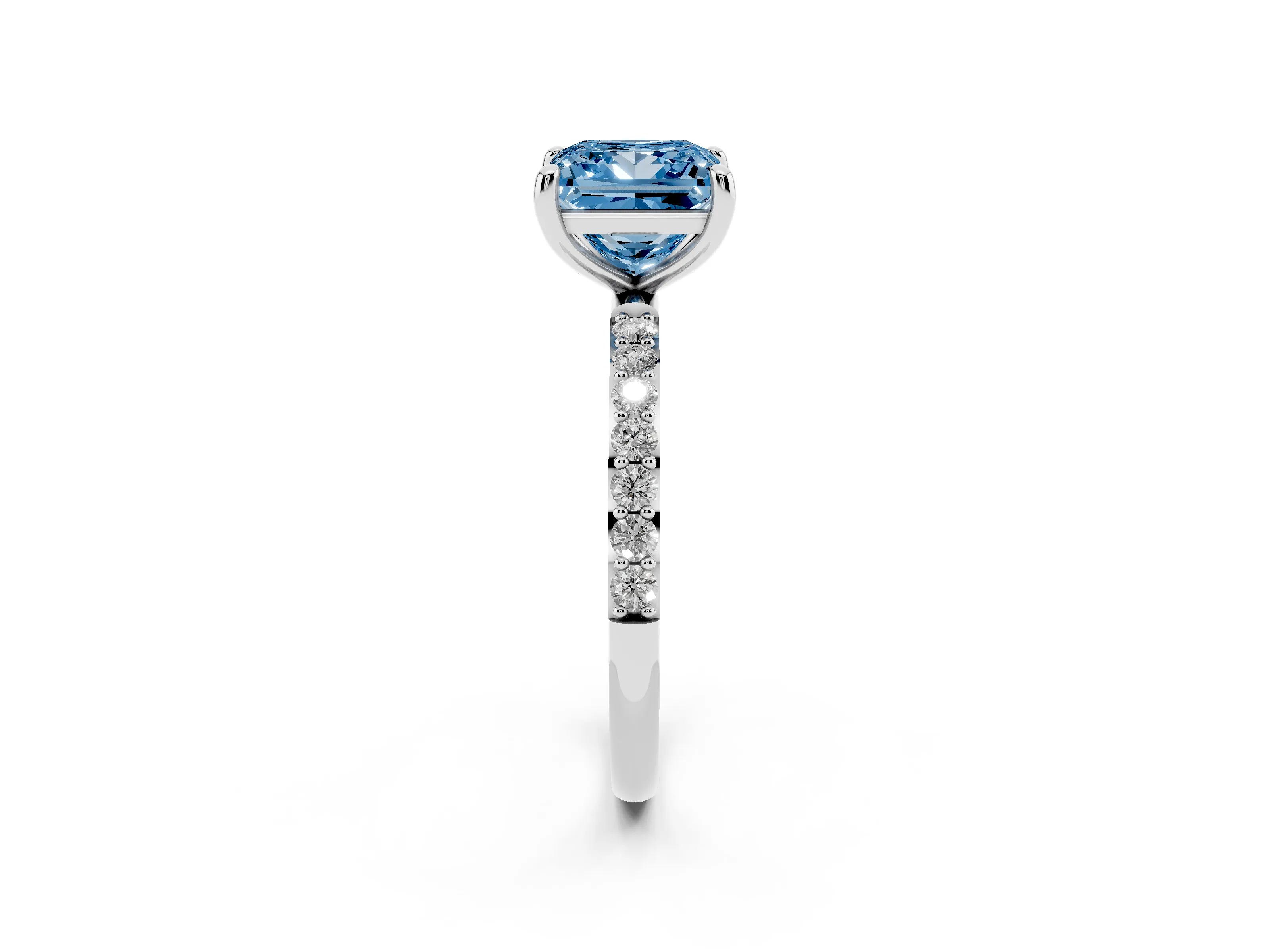 Fancy Blue Princess Cut Diamond Solitaire Ring Set in White gold with Round Pavé Band and Prong Setting