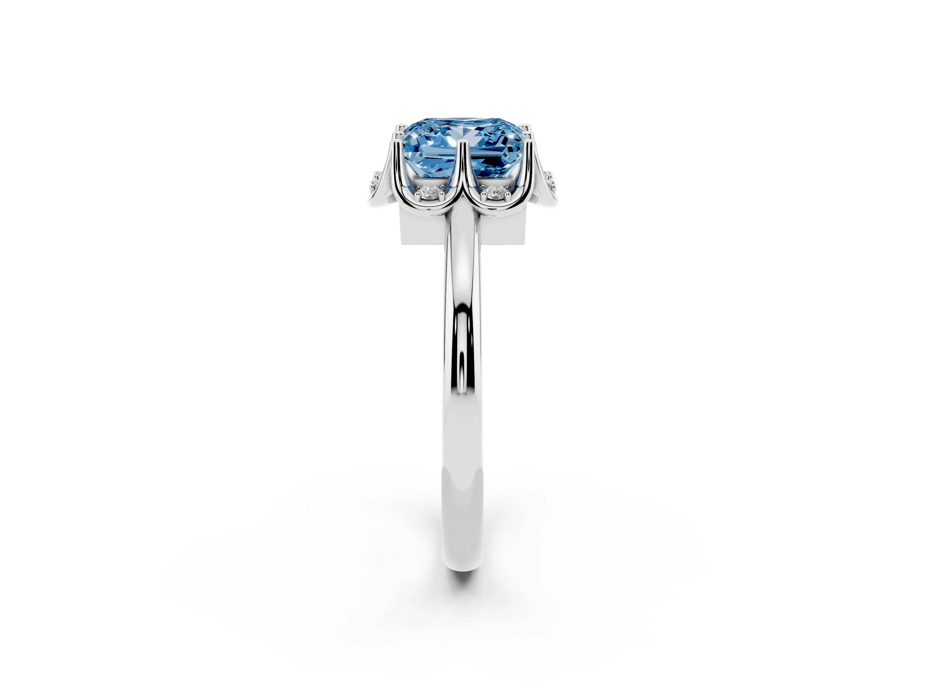 Fancy Blue Princess Cut Diamond Round Cluster Halo Ring Set in Platinum with Solitaire Band and Prong Setting