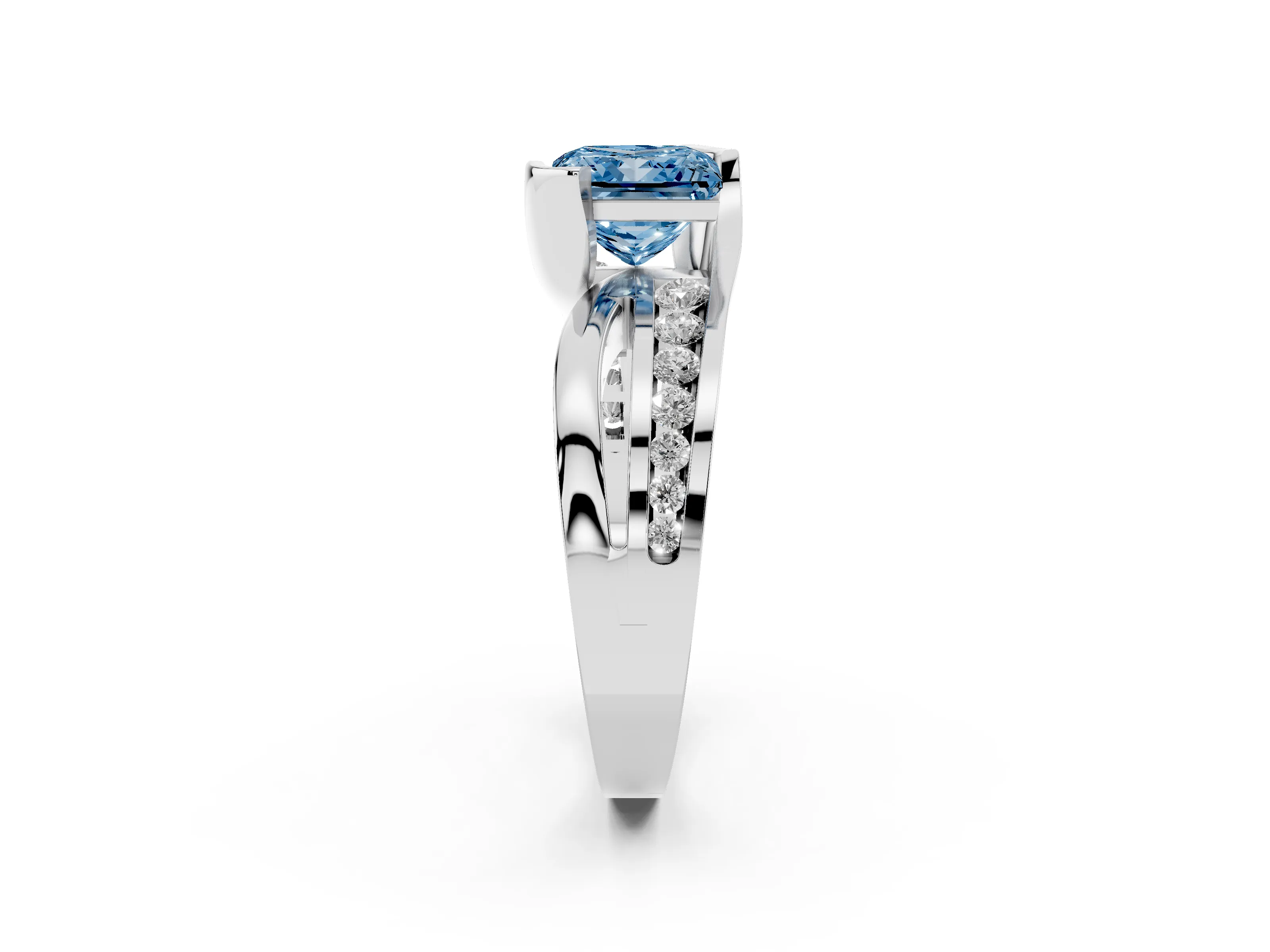 Fancy Blue Princess Cut Diamond Solitaire Ring Set in Silver with Channel Set Split Shank and Tension Prongs