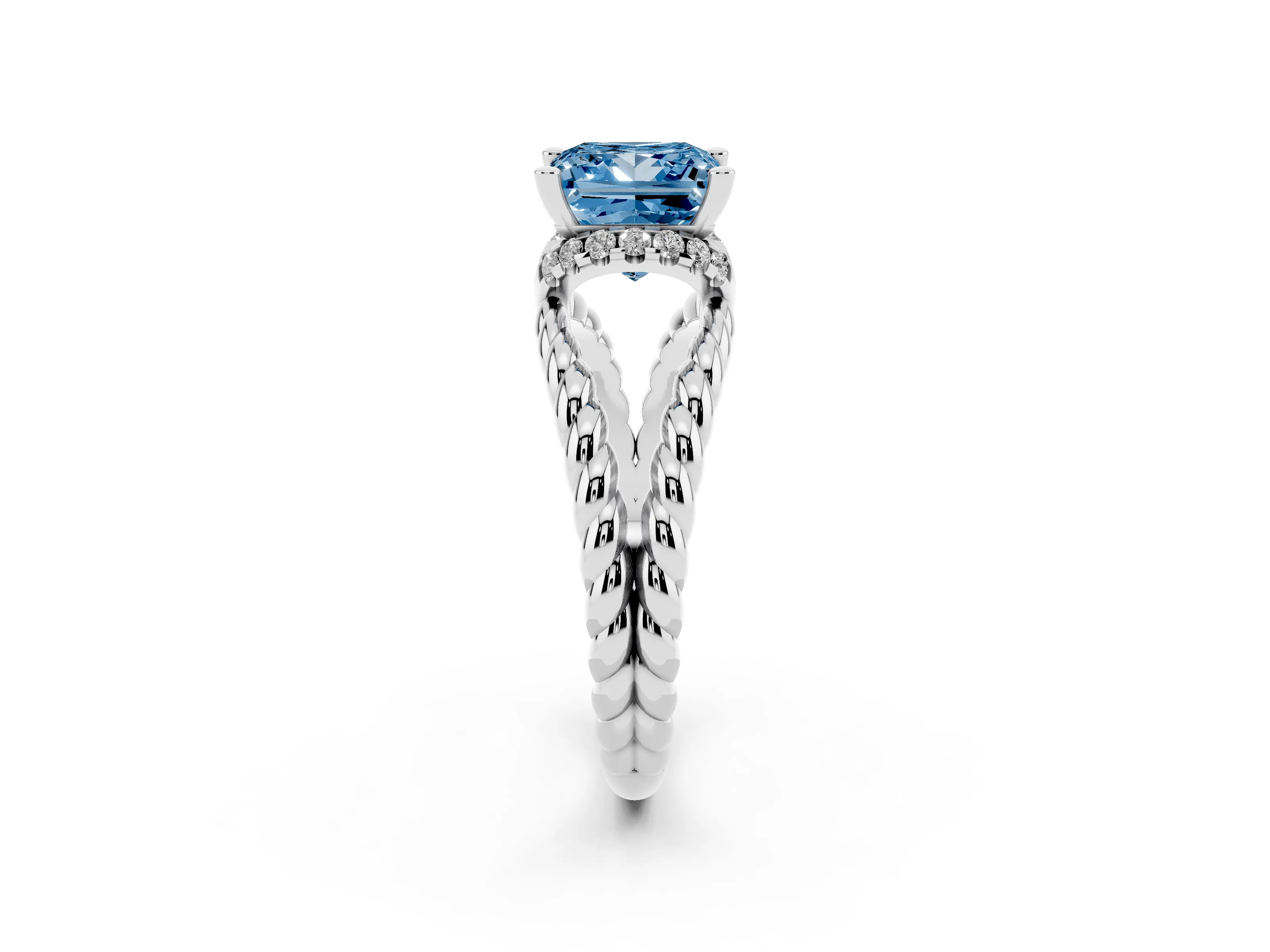 Fancy Blue Princess Cut Diamond Halo Ring Set in White gold with Twisted Band and Prong Setting