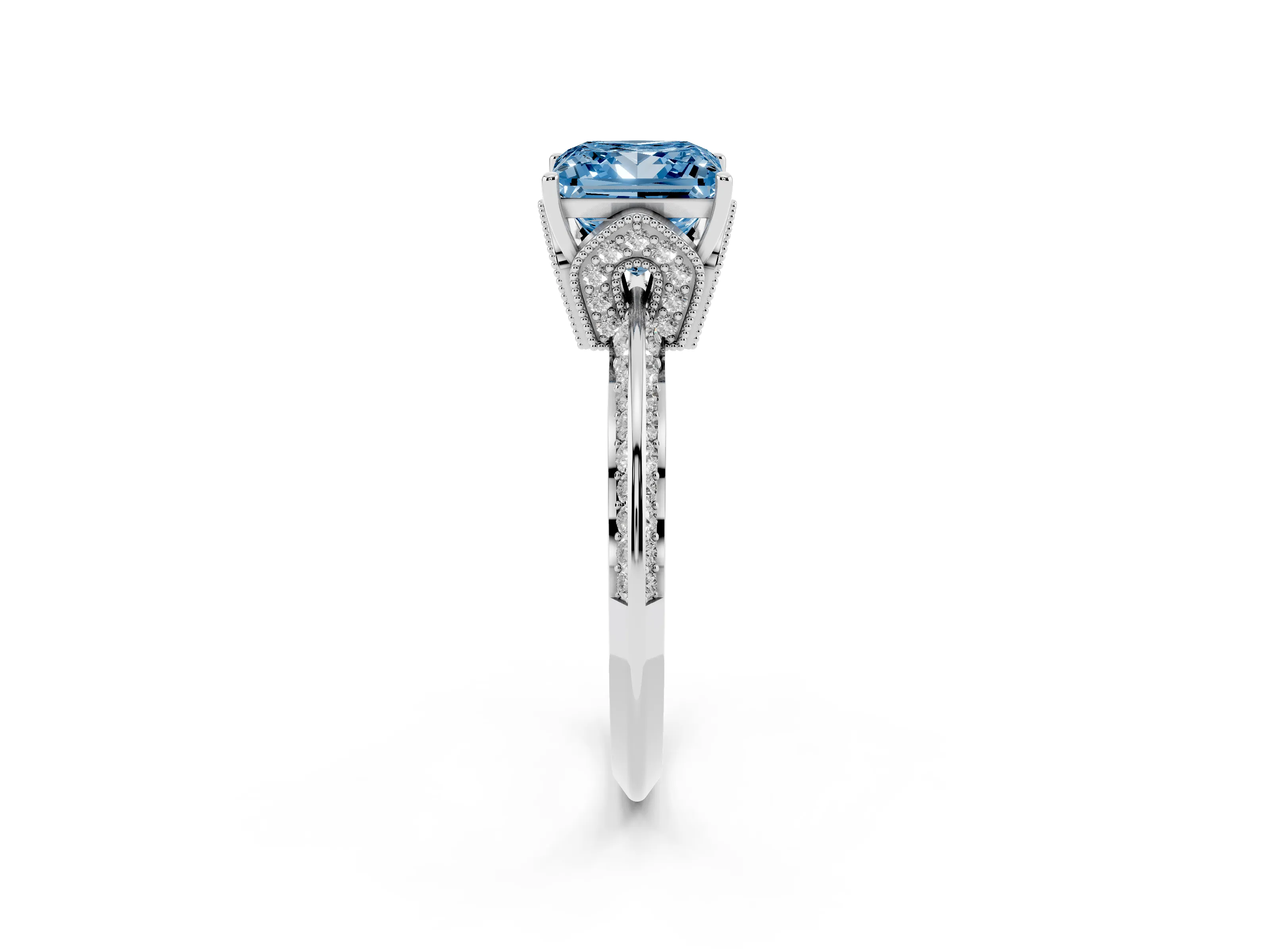 Fancy Blue Princess Cut Diamond Solitaire Engagement Ring Set in White gold with Pavé Split Shank and Prong Setting