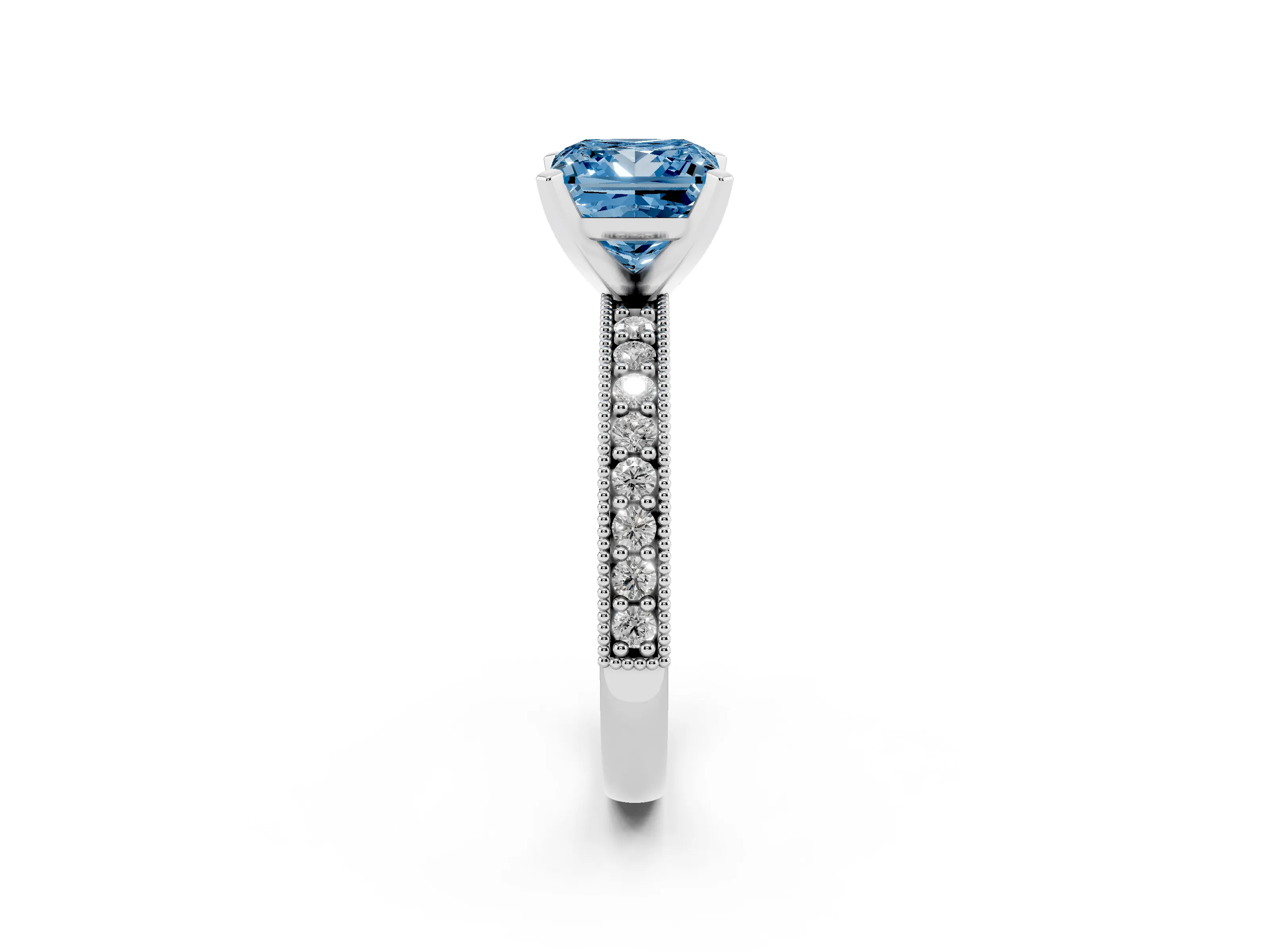 Fancy Blue Princess Cut Diamond Milgrain Pavé Engagement Ring Set in Silver with Prong Setting