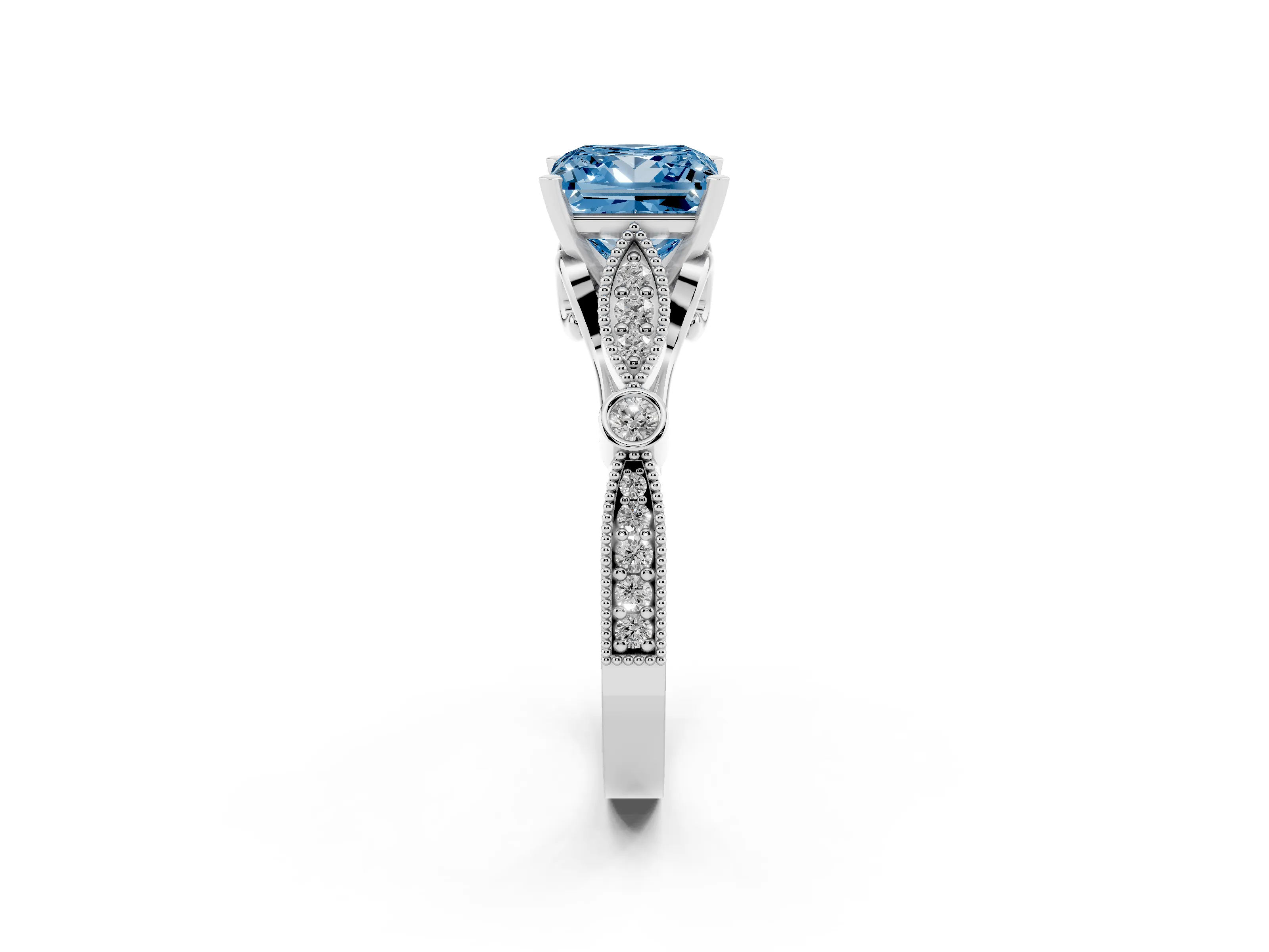 Fancy Blue Princess Cut Diamond Solitaire Ring Set in White gold with Milgrain Marquise and Bezel Accents