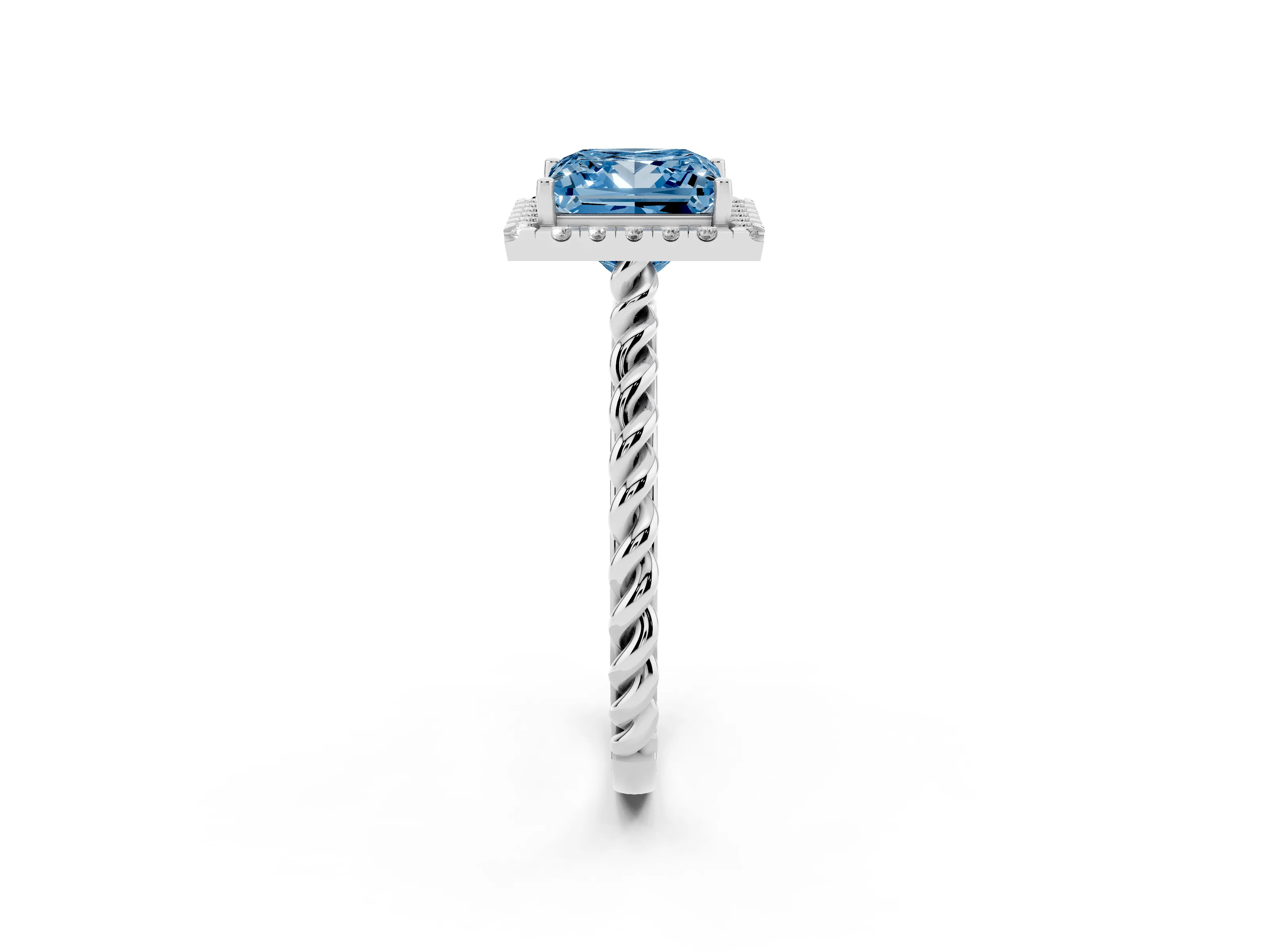 Fancy Blue Princess Cut Diamond Halo Ring Set in Platinum with Plain Twisted Band