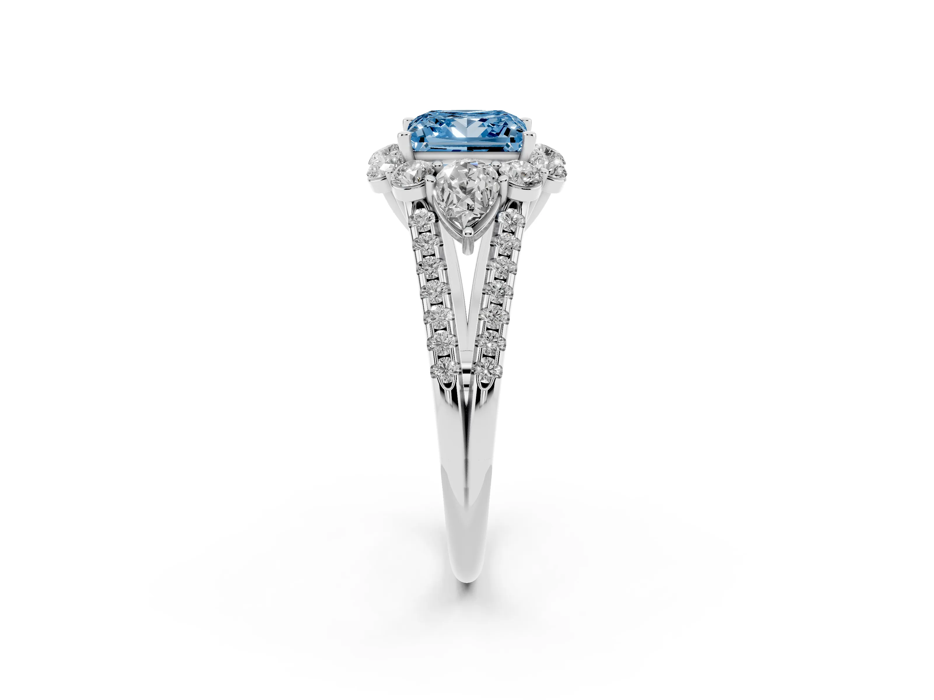 Fancy Blue Princess Cut Diamond Halo Split Shank Engagement Ring Set in Platinum with Prong-Held Center Stone